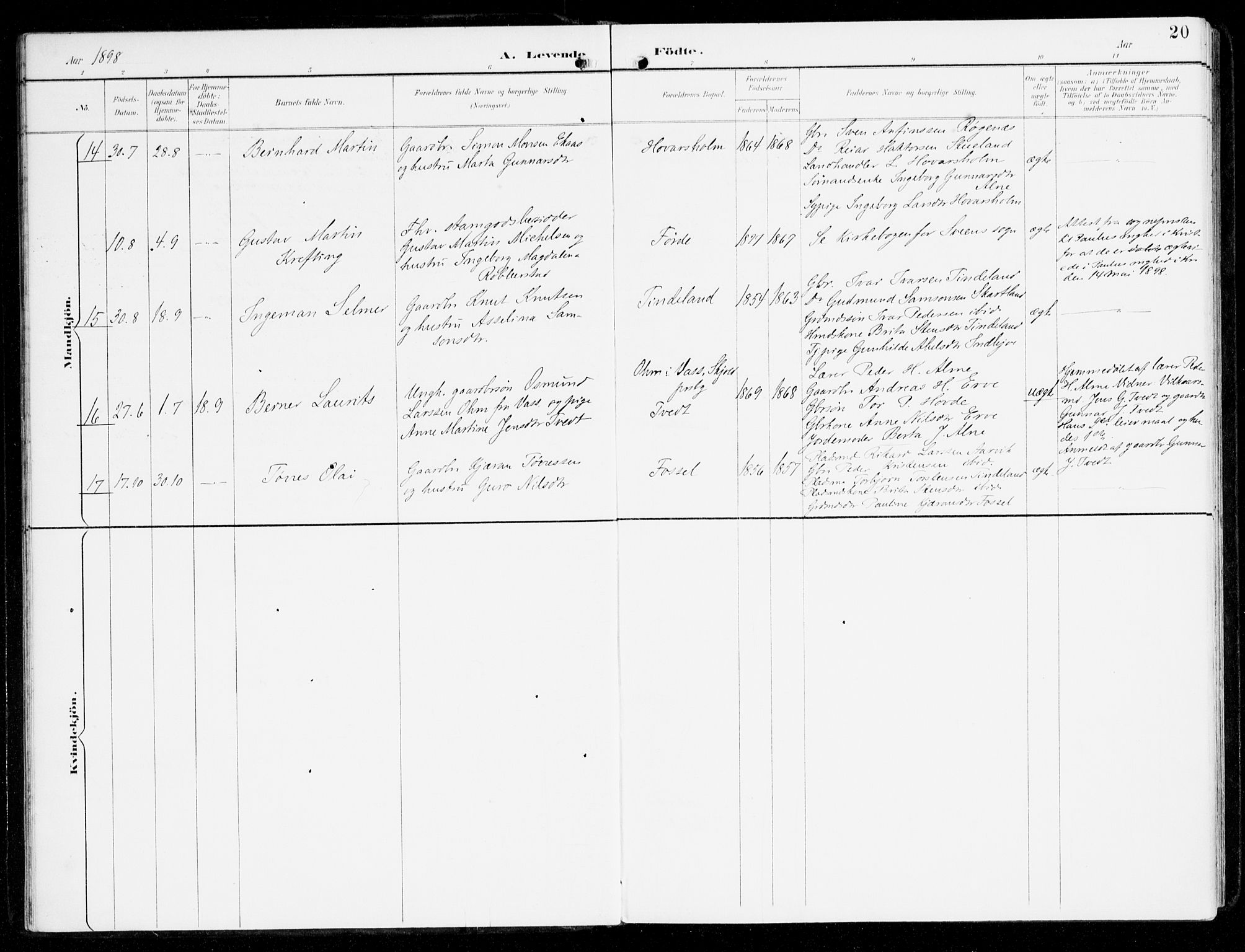 Sveio Sokneprestembete, SAB/A-78501/H/Haa: Parish register (official) no. D 2, 1894-1916, p. 20