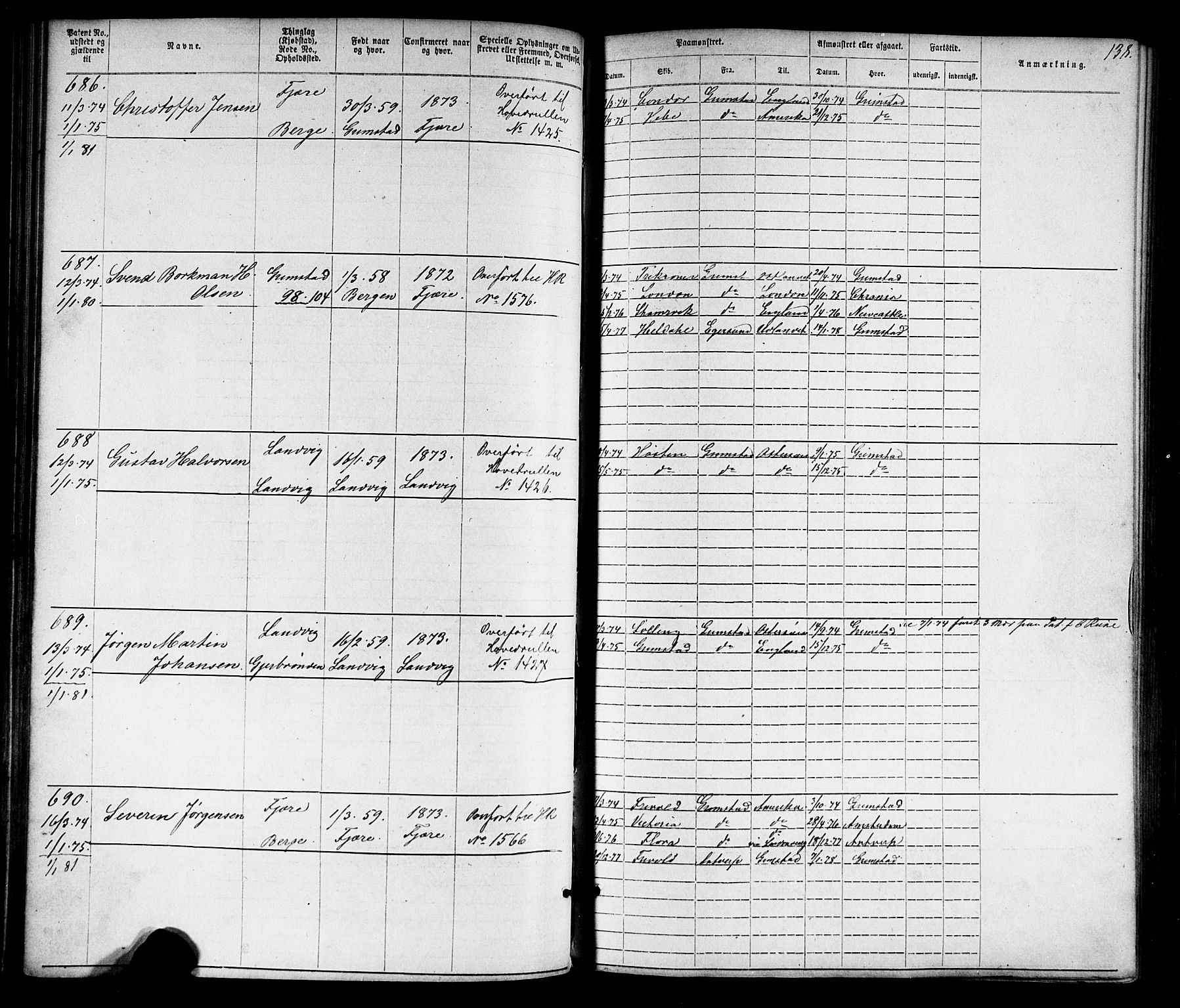 Grimstad mønstringskrets, AV/SAK-2031-0013/F/Fa/L0005: Annotasjonsrulle nr 1-1910 med register, V-18, 1870-1892, p. 165