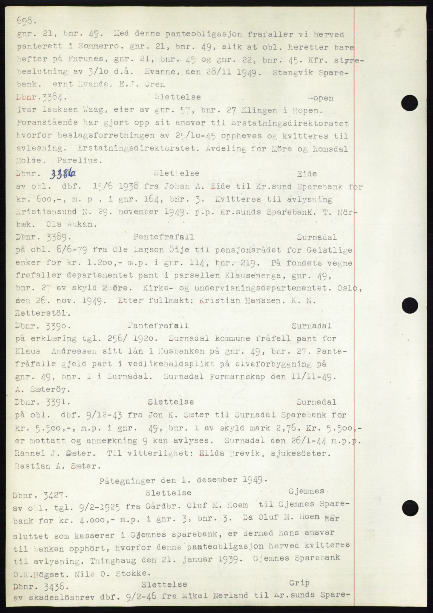 Nordmøre sorenskriveri, AV/SAT-A-4132/1/2/2Ca: Mortgage book no. C82b, 1946-1951, Diary no: : 3384/1949