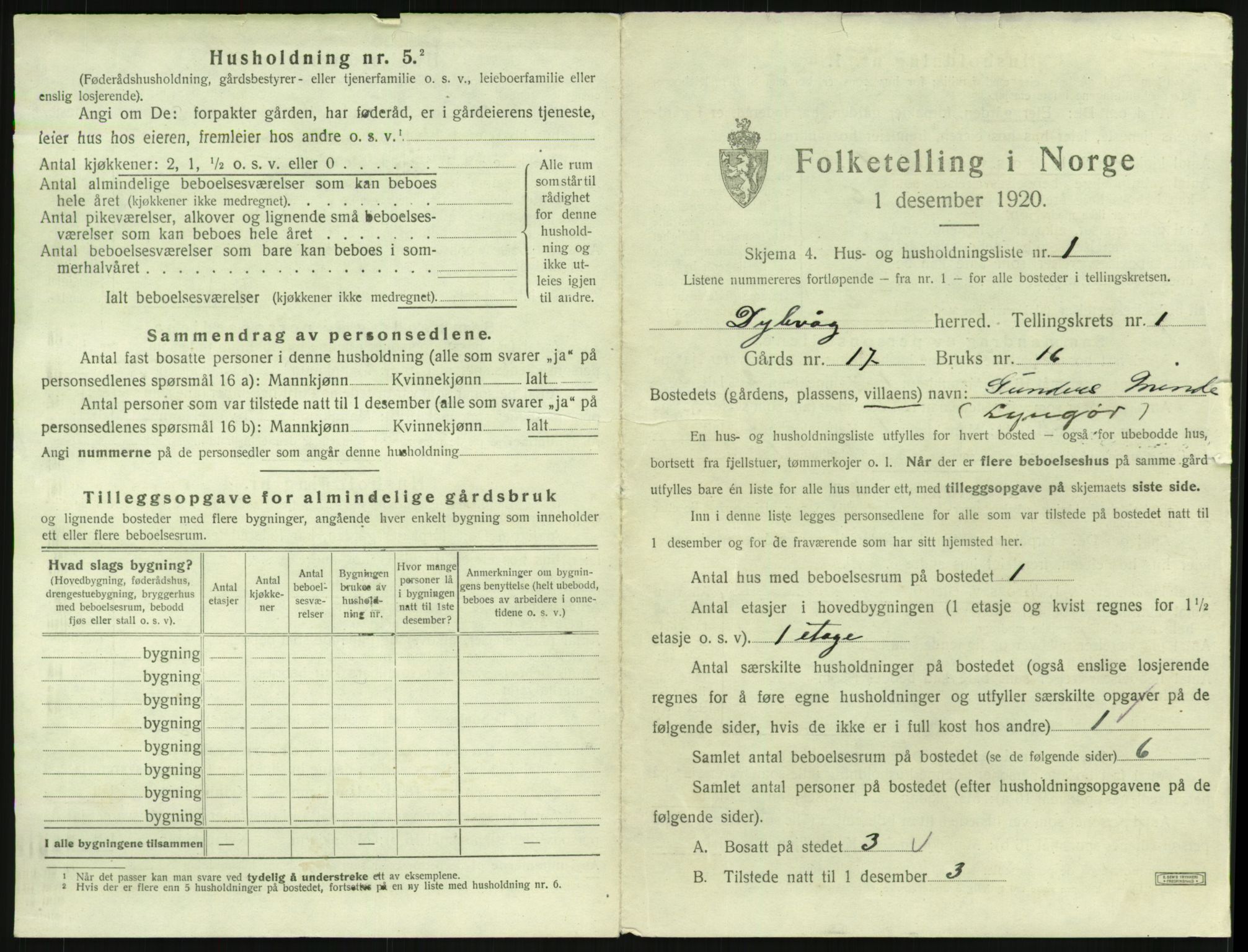 SAK, 1920 census for Dypvåg, 1920, p. 43