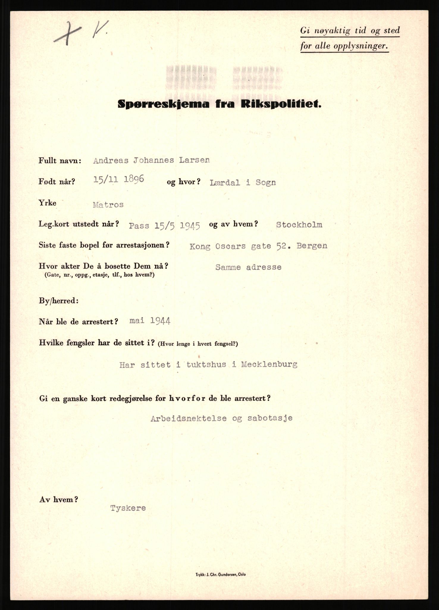 Rikspolitisjefen, AV/RA-S-1560/L/L0010: Kristianslund, Charles Ragnvald - Losvik, Einar, 1940-1945, p. 438