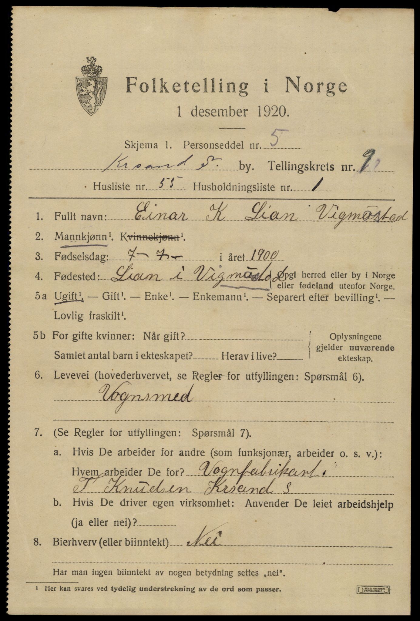 SAK, 1920 census for Kristiansand, 1920, p. 23591