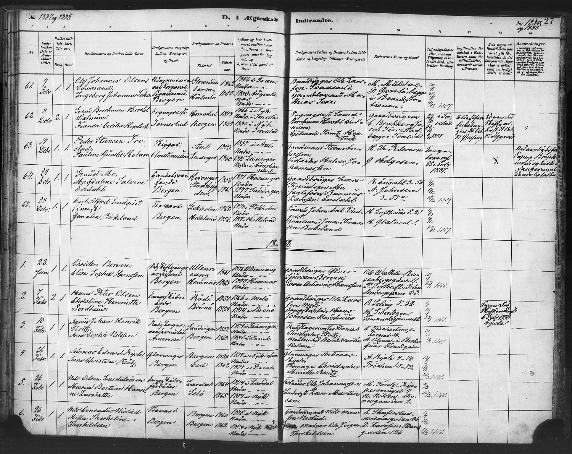 Nykirken Sokneprestembete, SAB/A-77101/H/Haa/L0033: Parish register (official) no. D 3, 1884-1895, p. 27