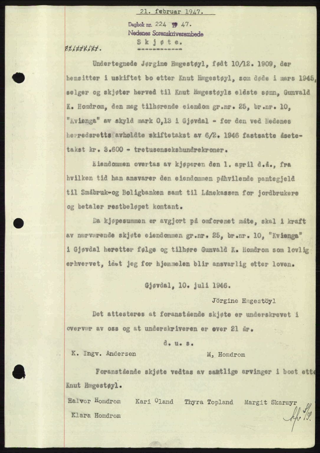 Nedenes sorenskriveri, AV/SAK-1221-0006/G/Gb/Gba/L0056: Mortgage book no. A8, 1946-1947, Diary no: : 224/1947