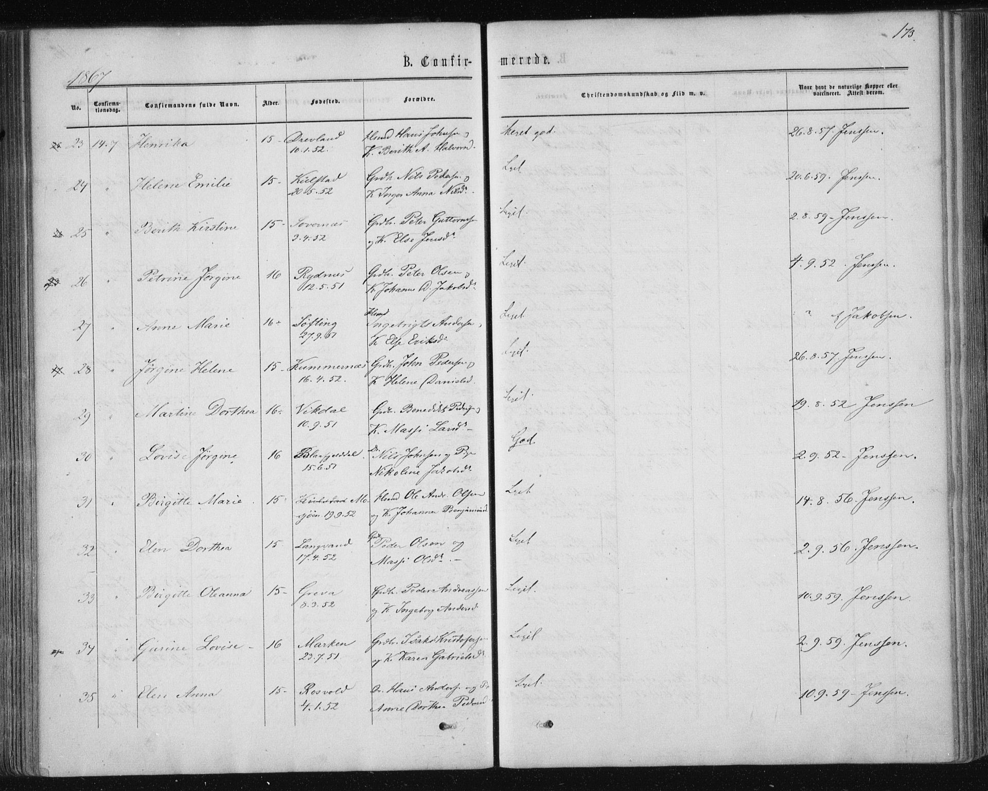 Ministerialprotokoller, klokkerbøker og fødselsregistre - Nordland, SAT/A-1459/820/L0294: Parish register (official) no. 820A15, 1866-1879, p. 173