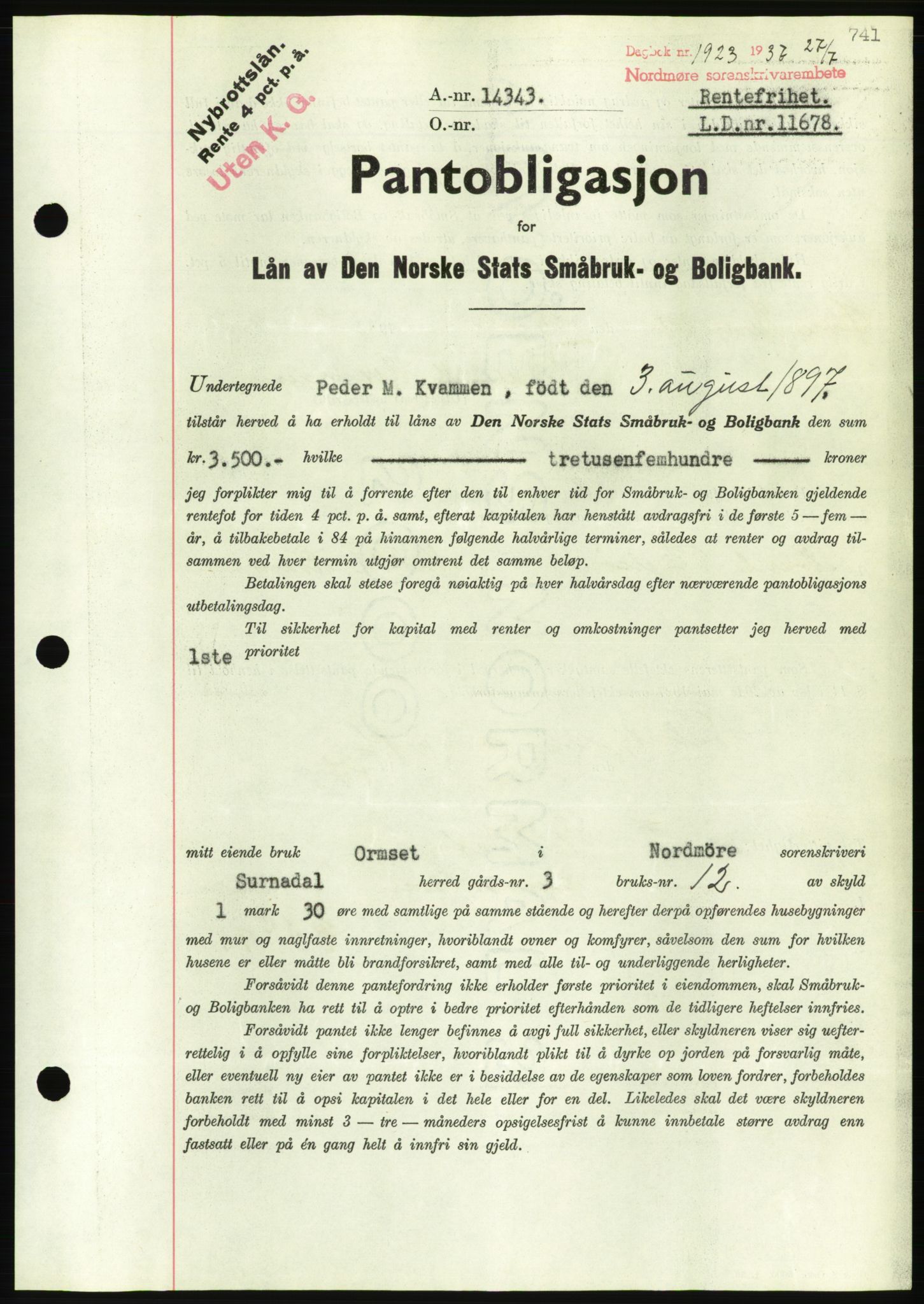 Nordmøre sorenskriveri, AV/SAT-A-4132/1/2/2Ca/L0091: Mortgage book no. B81, 1937-1937, Diary no: : 1923/1937