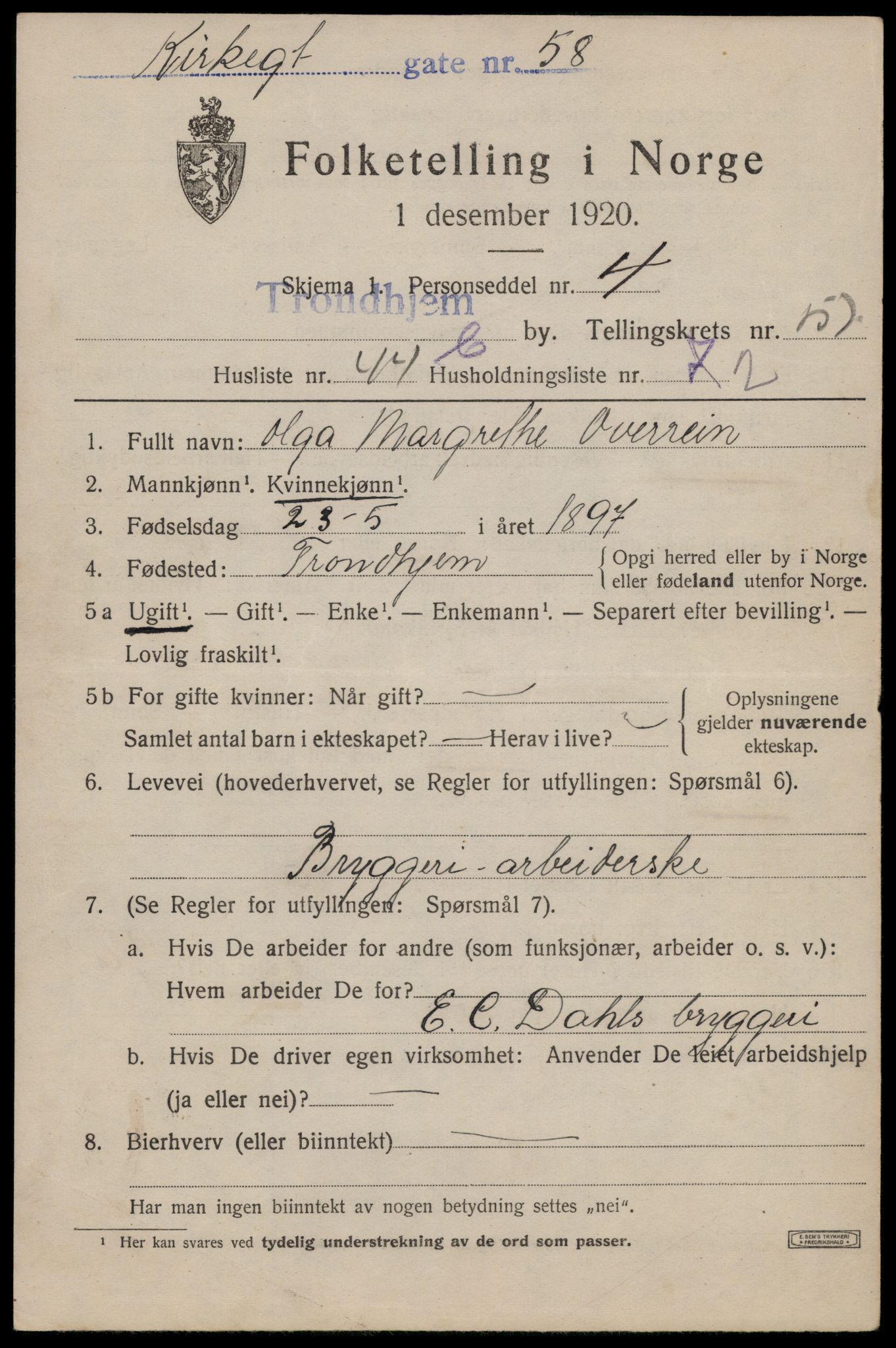 SAT, 1920 census for Trondheim, 1920, p. 117442