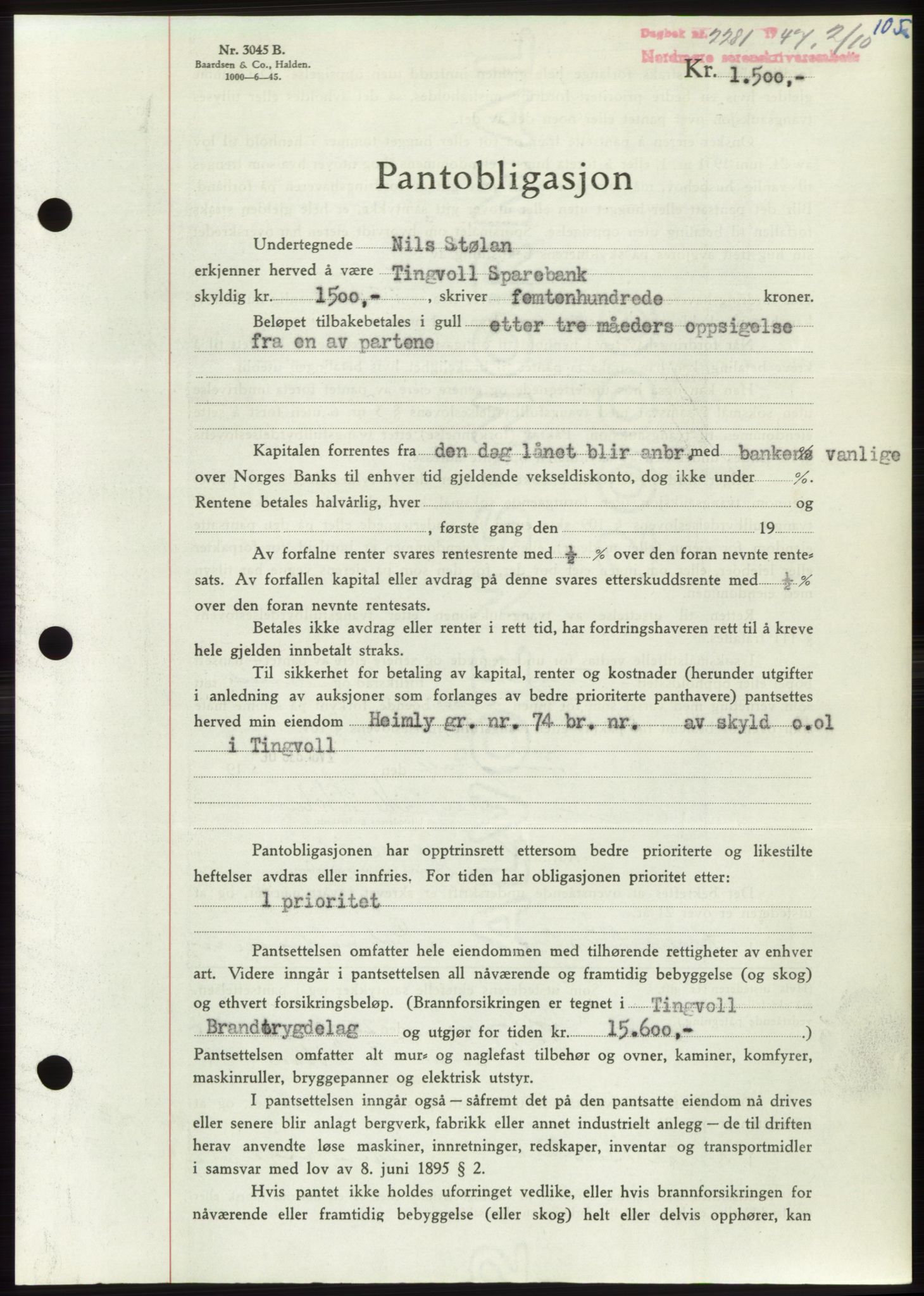 Nordmøre sorenskriveri, AV/SAT-A-4132/1/2/2Ca: Mortgage book no. B97, 1947-1948, Diary no: : 2281/1947