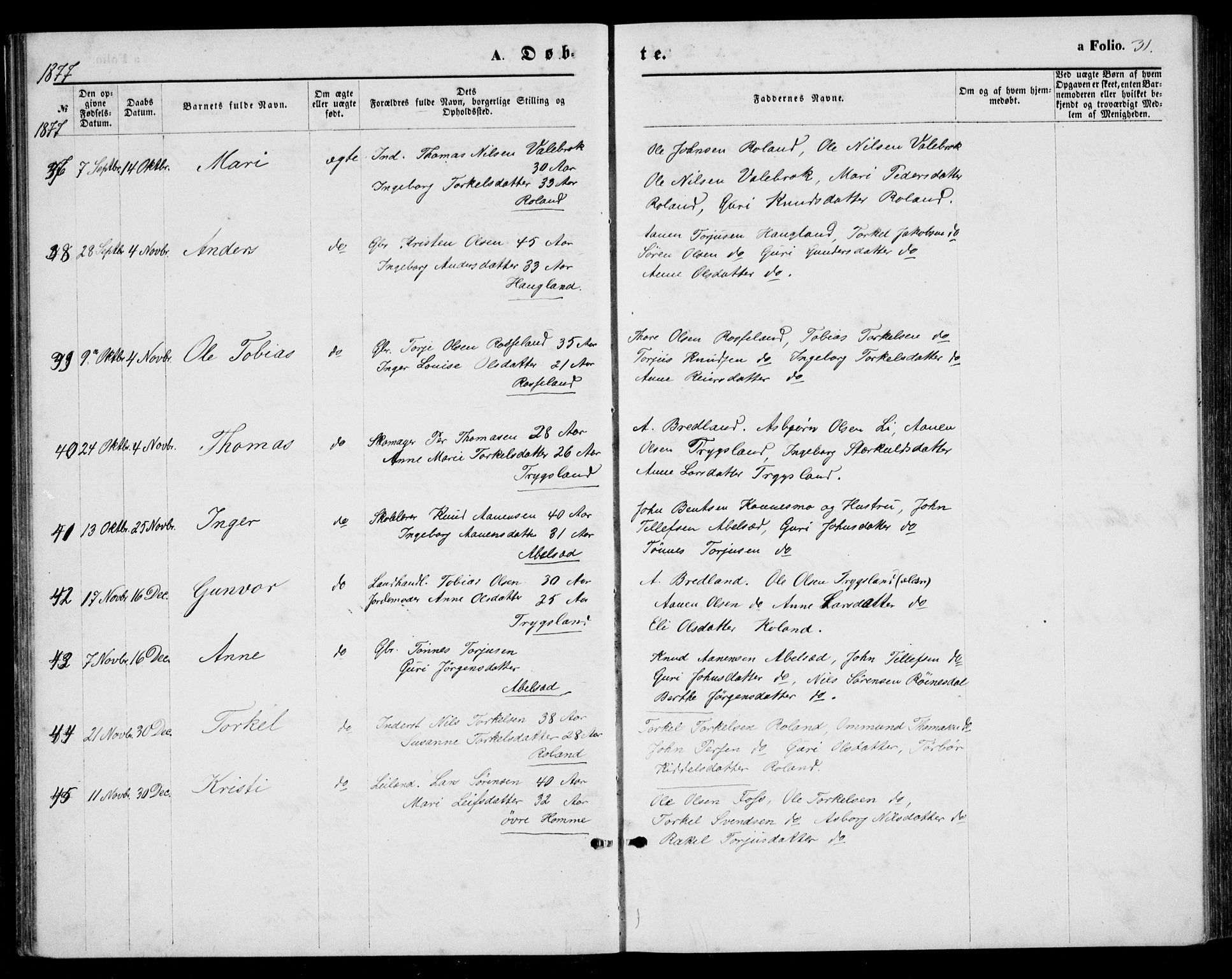 Bjelland sokneprestkontor, AV/SAK-1111-0005/F/Fb/Fba/L0004: Parish register (copy) no. B 4, 1869-1886, p. 31