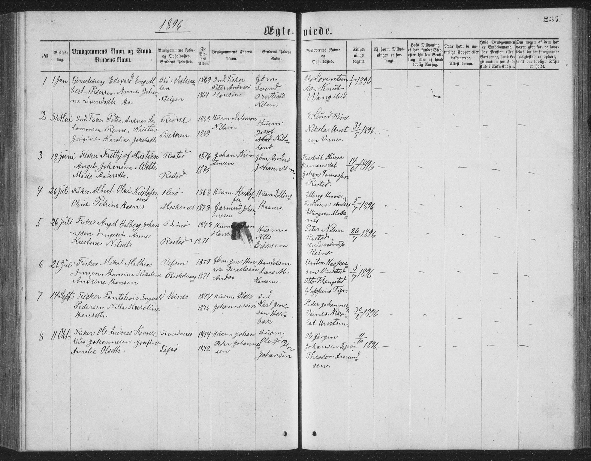 Ministerialprotokoller, klokkerbøker og fødselsregistre - Nordland, AV/SAT-A-1459/886/L1225: Parish register (copy) no. 886C02, 1874-1896, p. 237