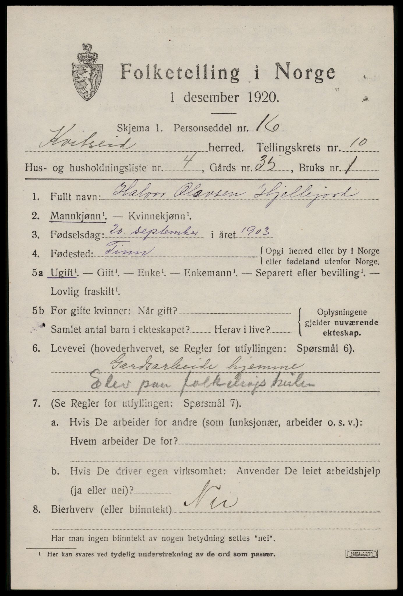 SAKO, 1920 census for Kviteseid, 1920, p. 4719
