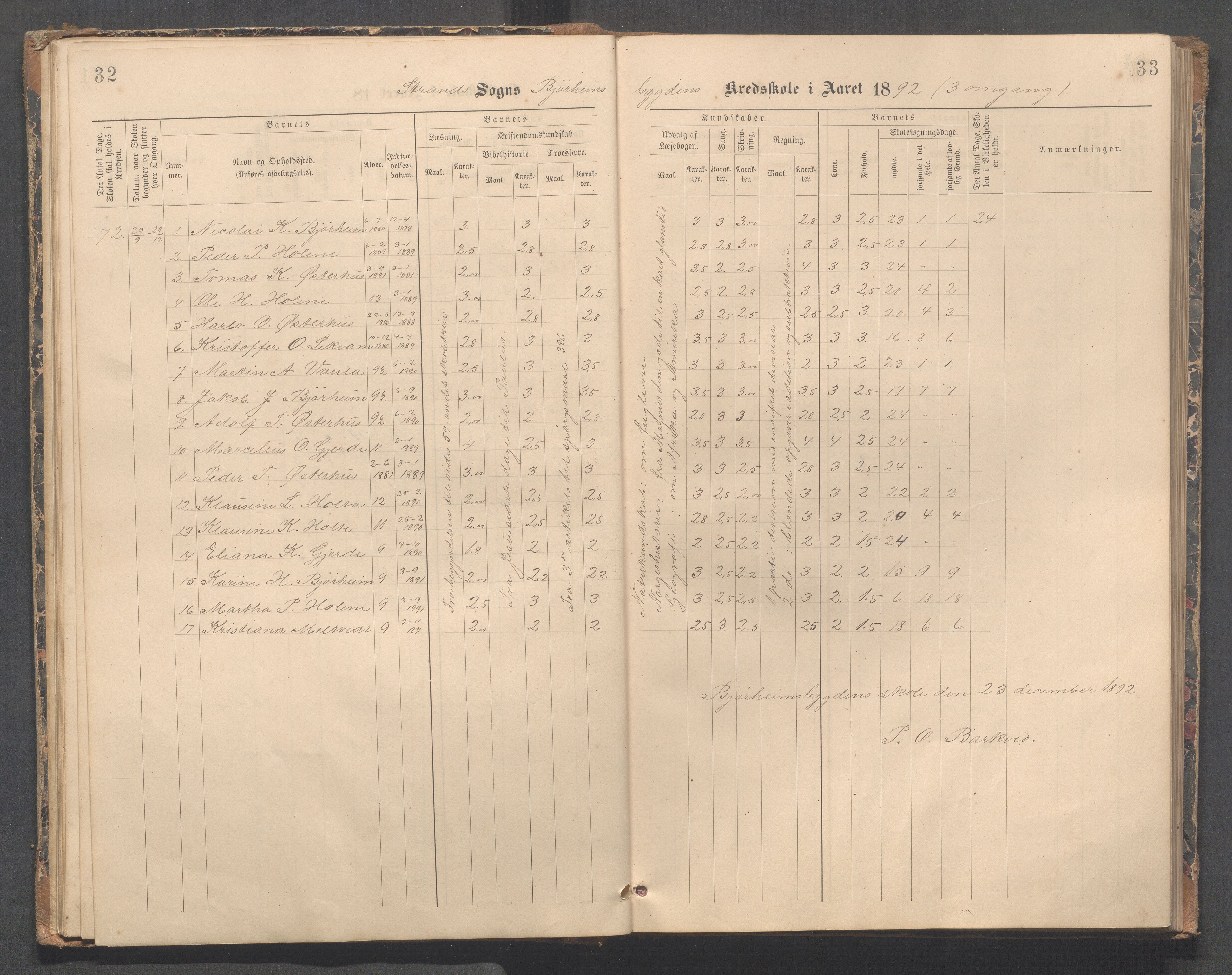 Strand kommune - Bjørheimsbygd skole, IKAR/A-147/H/L0002: Skoleprotokoll for Bjørheimsbygd og Lekvam krets, 1891-1907, p. 32-33