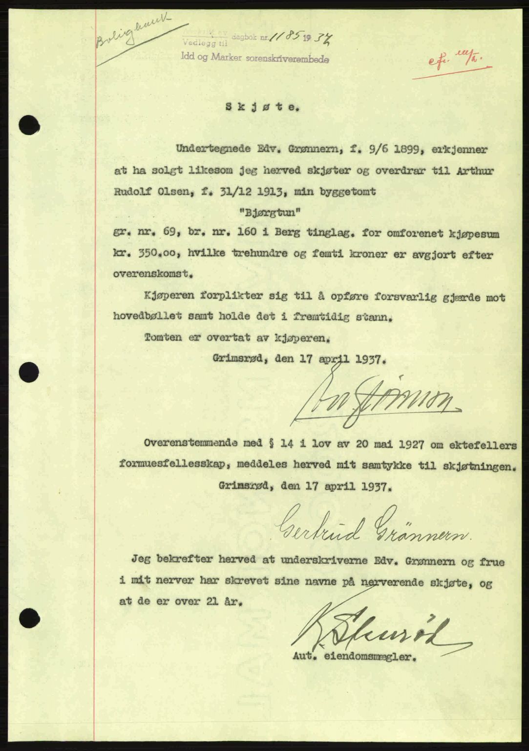 Idd og Marker sorenskriveri, AV/SAO-A-10283/G/Gb/Gbb/L0002: Mortgage book no. A2, 1937-1938, Diary no: : 1185/1937