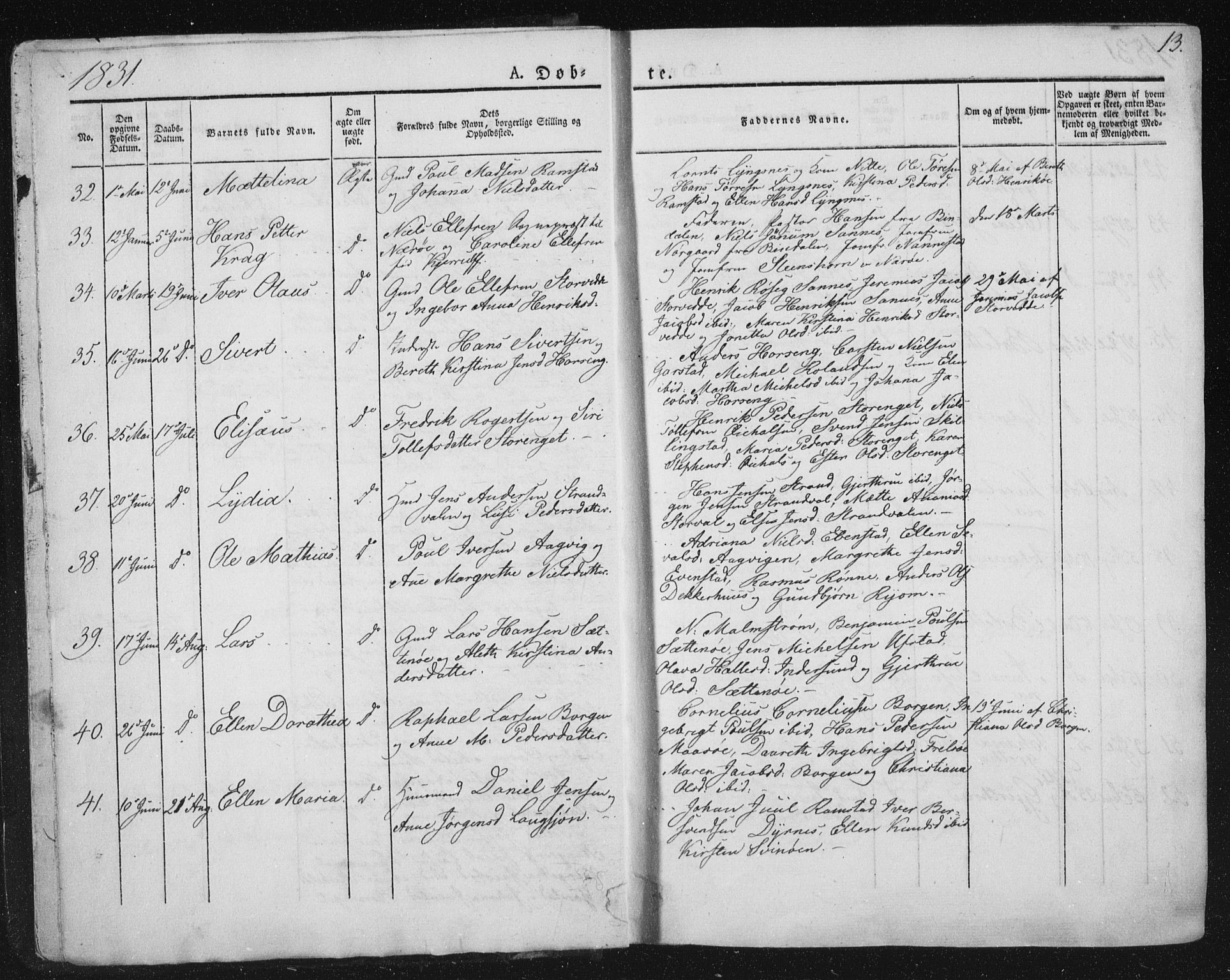 Ministerialprotokoller, klokkerbøker og fødselsregistre - Nord-Trøndelag, SAT/A-1458/784/L0669: Parish register (official) no. 784A04, 1829-1859, p. 13