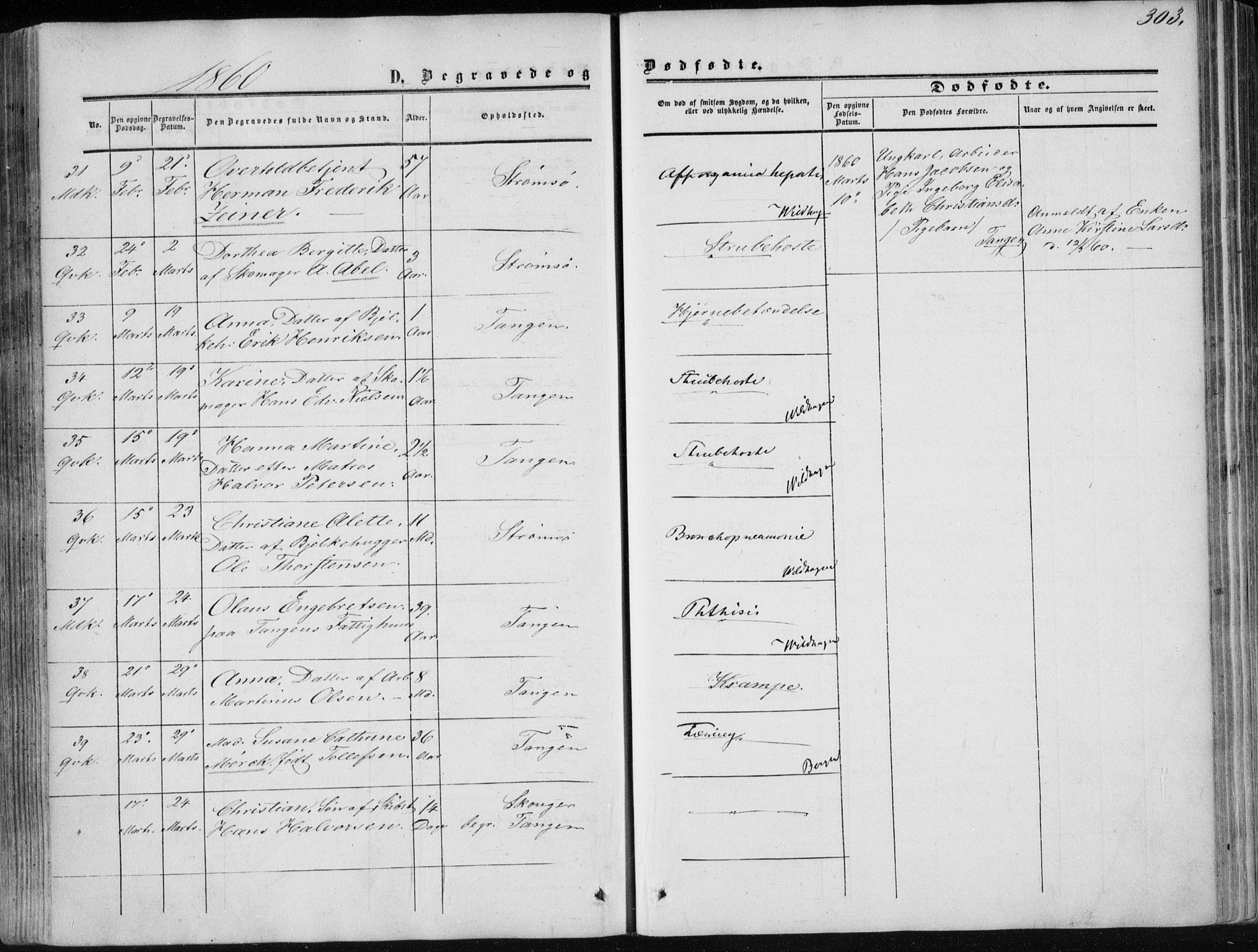 Strømsø kirkebøker, AV/SAKO-A-246/F/Fa/L0015: Parish register (official) no. I 15, 1859-1868, p. 303