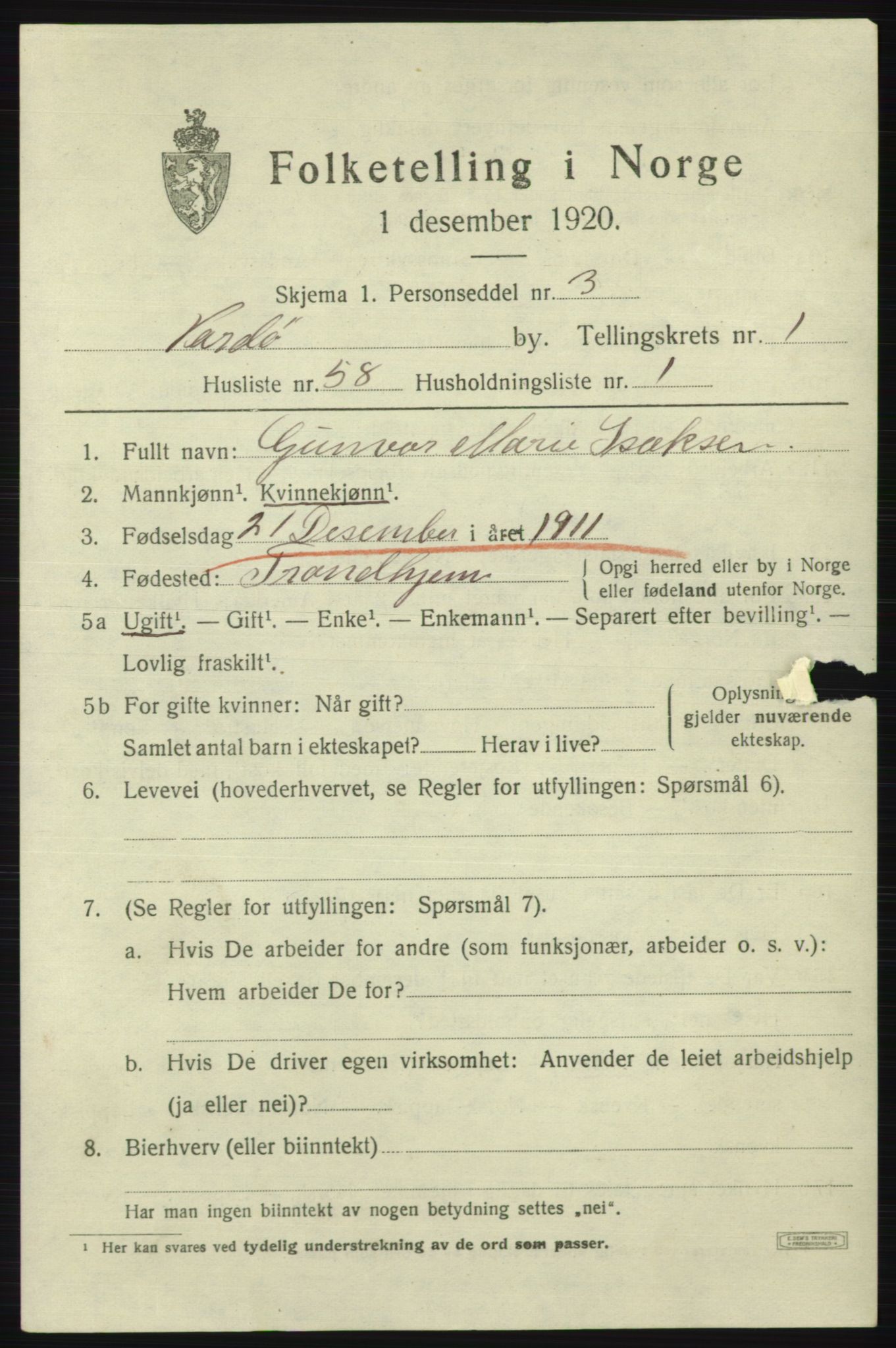 SATØ, 1920 census for Vardø, 1920, p. 3530