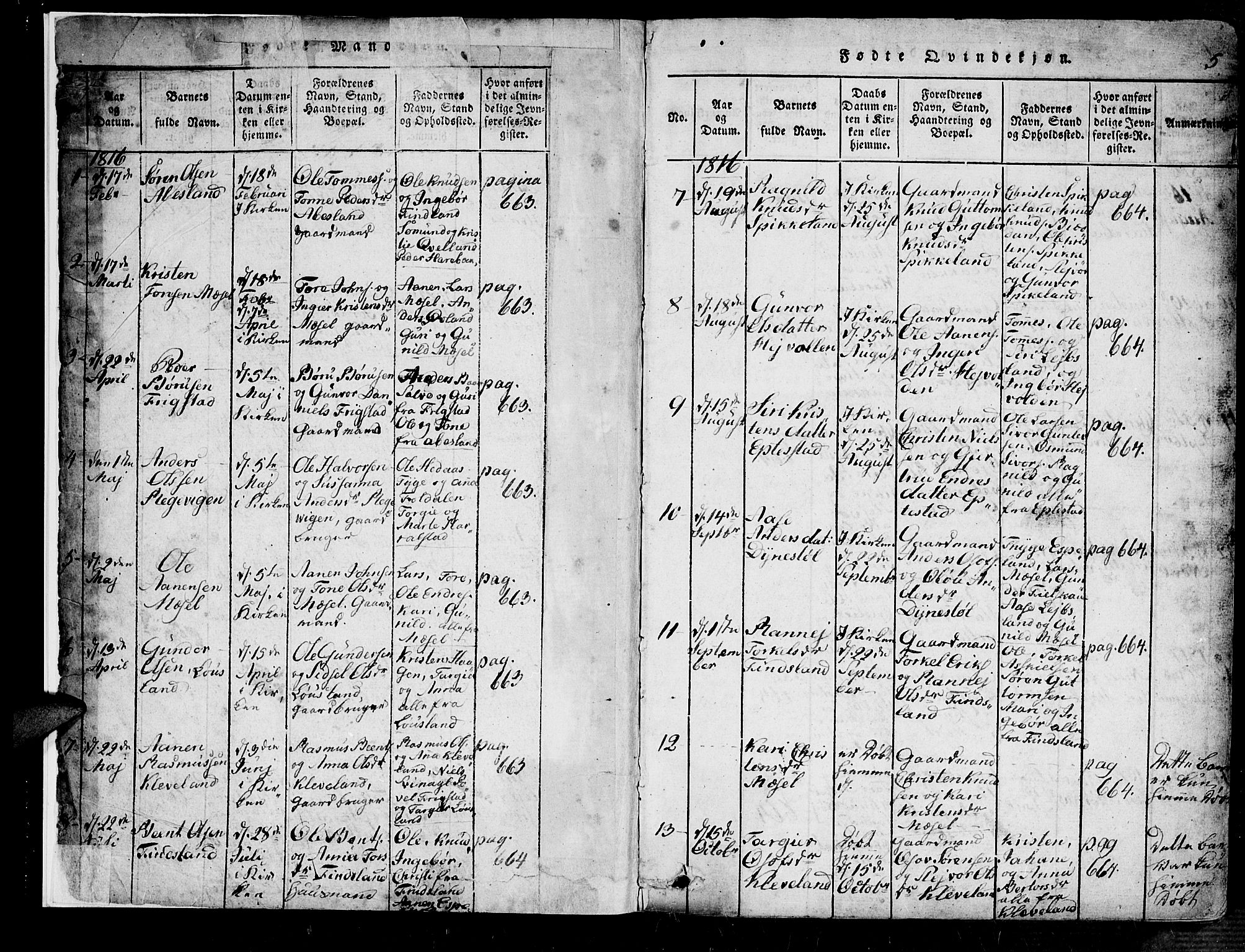 Bjelland sokneprestkontor, AV/SAK-1111-0005/F/Fa/Fab/L0002: Parish register (official) no. A 2, 1816-1869, p. 4-5