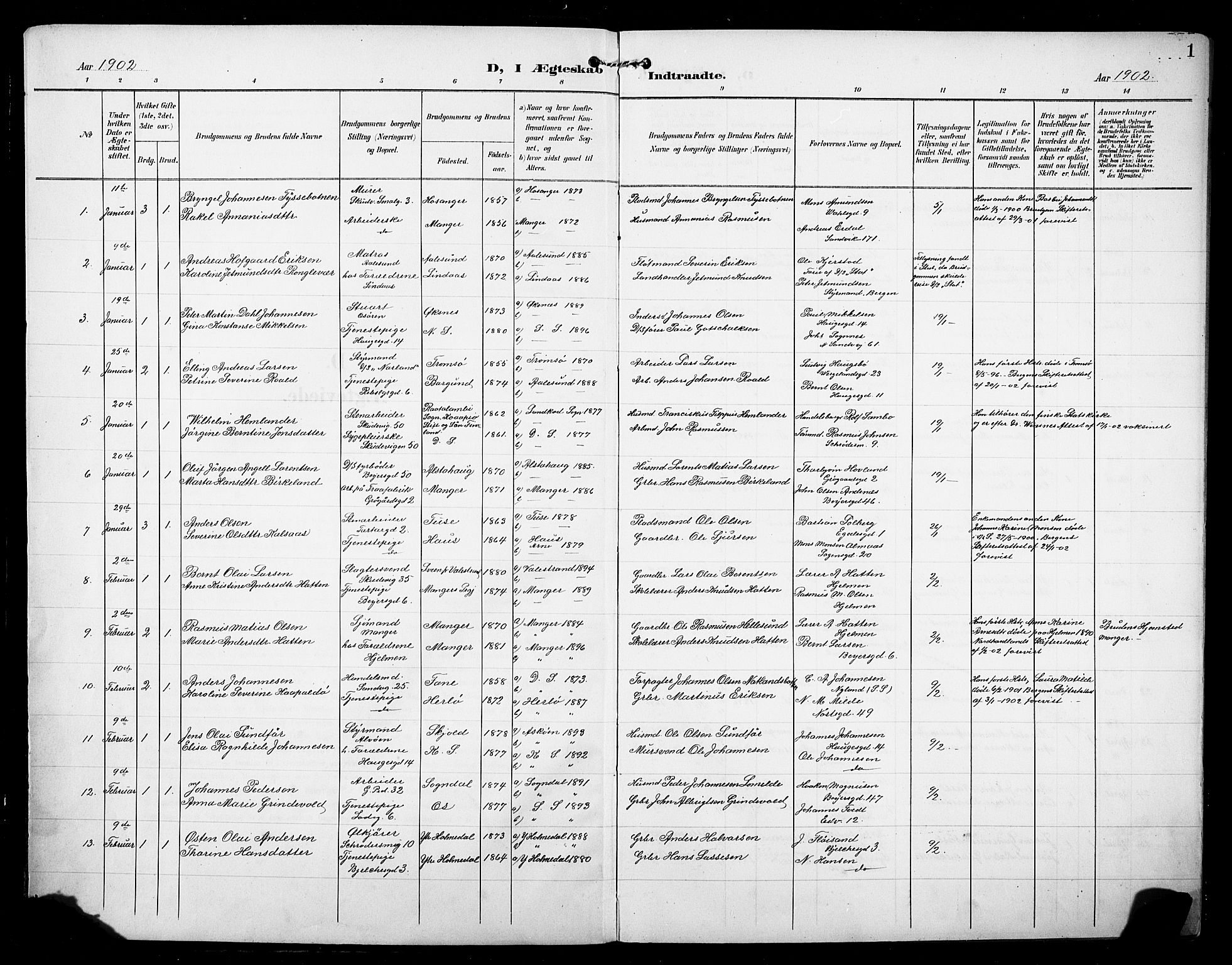 Sandviken Sokneprestembete, AV/SAB-A-77601/H/Hb/L0014: Parish register (copy) no. D 1, 1902-1929, p. 1