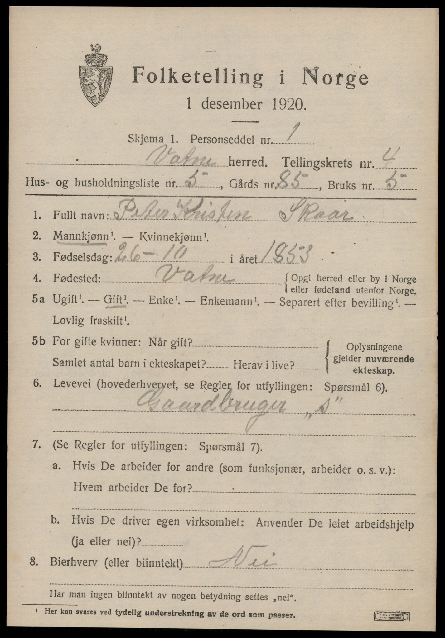 SAT, 1920 census for Vatne, 1920, p. 1860