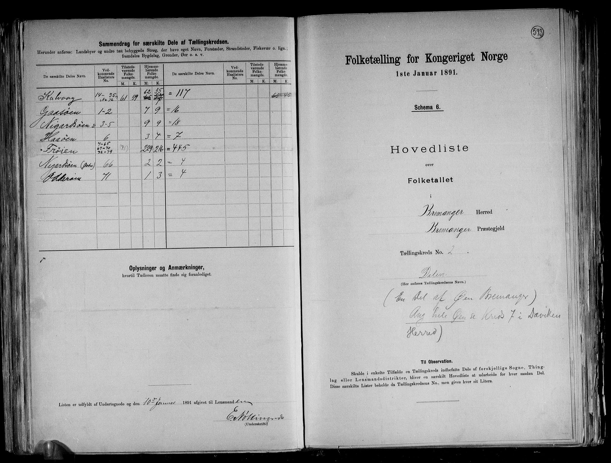 RA, 1891 census for 1438 Bremanger, 1891, p. 6