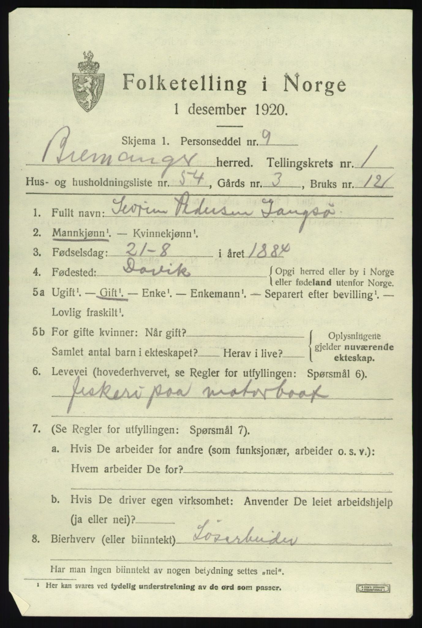 SAB, 1920 census for Bremanger, 1920, p. 1606