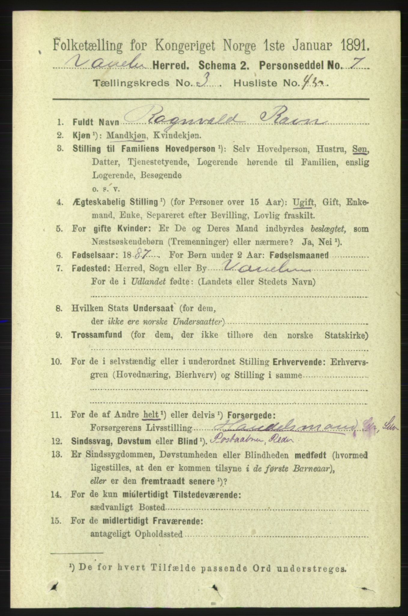 RA, 1891 census for 1511 Vanylven, 1891, p. 1503