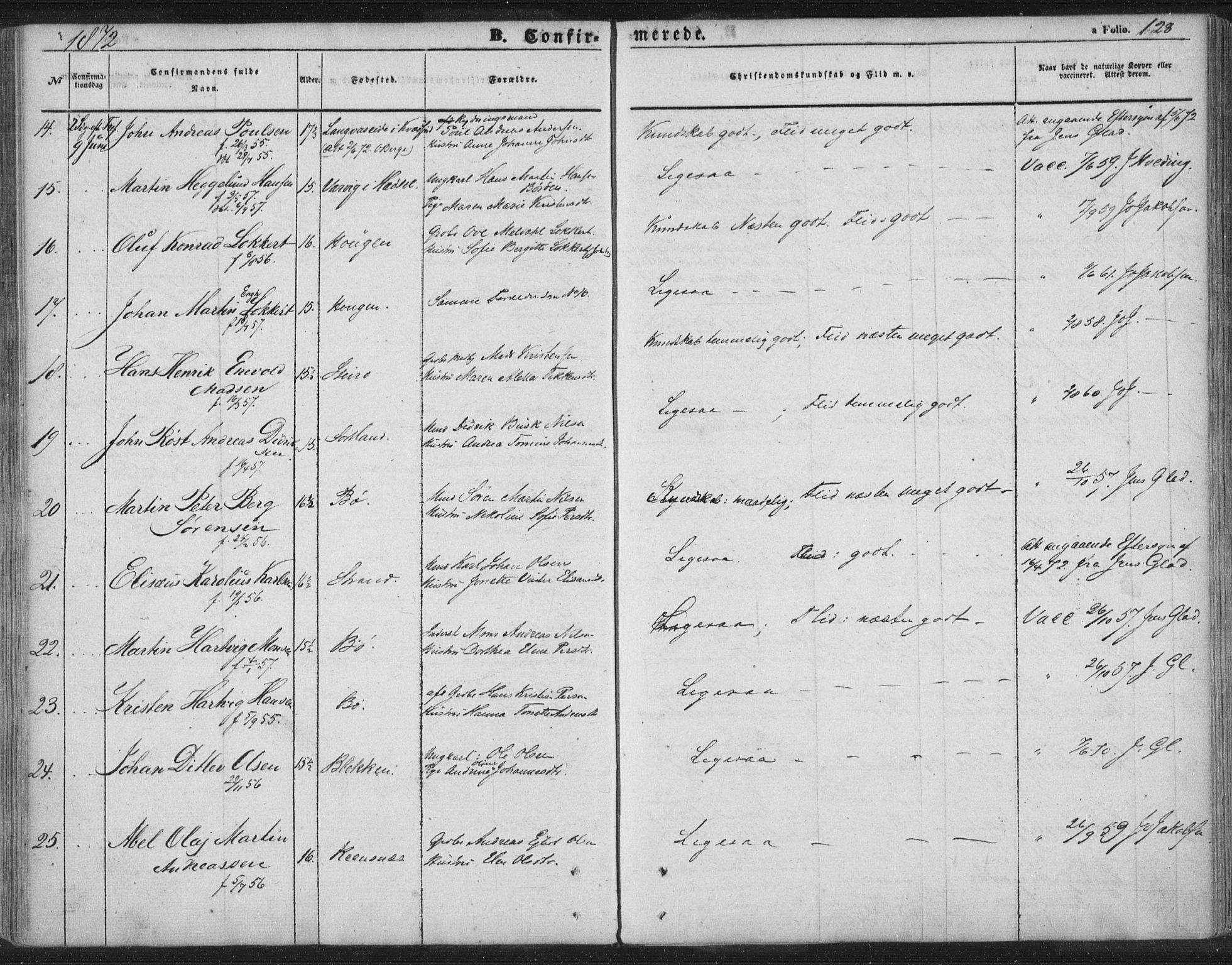 Ministerialprotokoller, klokkerbøker og fødselsregistre - Nordland, AV/SAT-A-1459/895/L1369: Parish register (official) no. 895A04, 1852-1872, p. 128