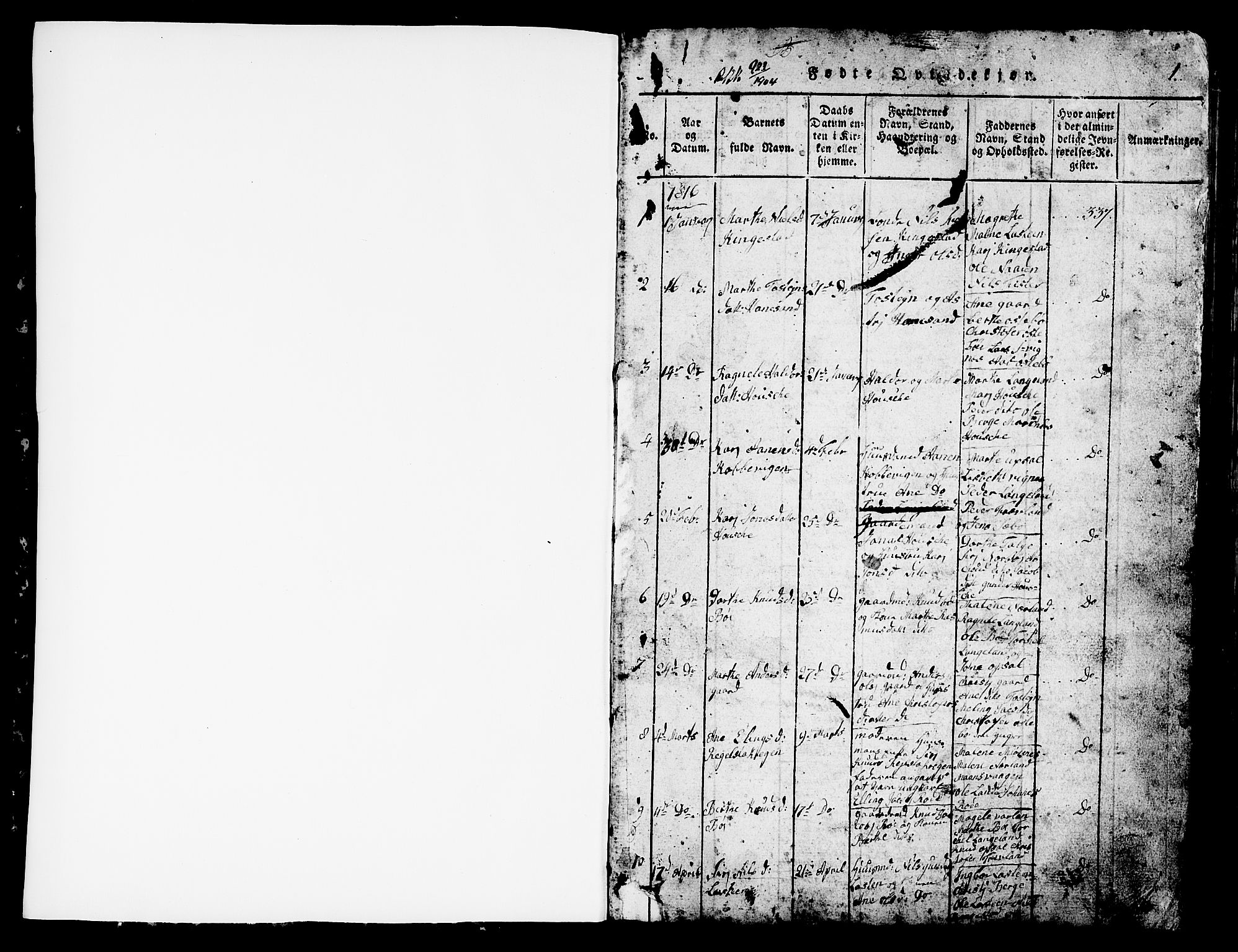 Finnøy sokneprestkontor, SAST/A-101825/H/Ha/Hab/L0001: Parish register (copy) no. B 1, 1816-1856, p. 1