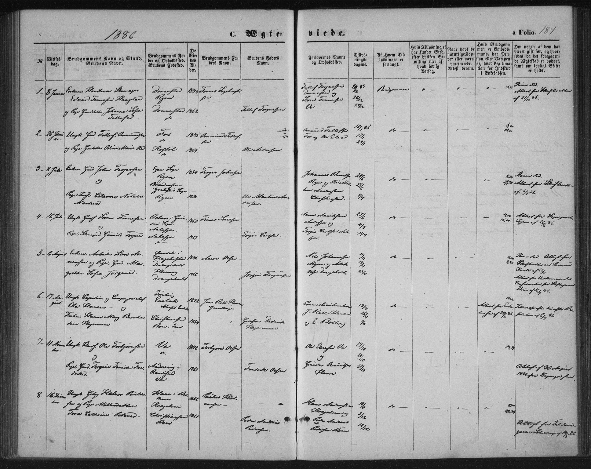 Tveit sokneprestkontor, SAK/1111-0043/F/Fa/L0006: Parish register (official) no. A 6, 1872-1886, p. 184