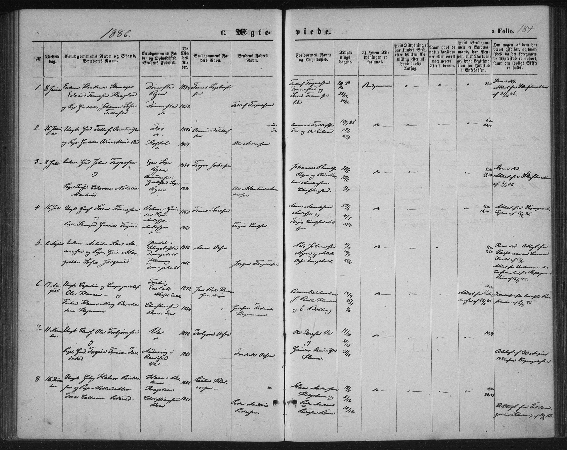 Tveit sokneprestkontor, AV/SAK-1111-0043/F/Fa/L0006: Parish register (official) no. A 6, 1872-1886, p. 184