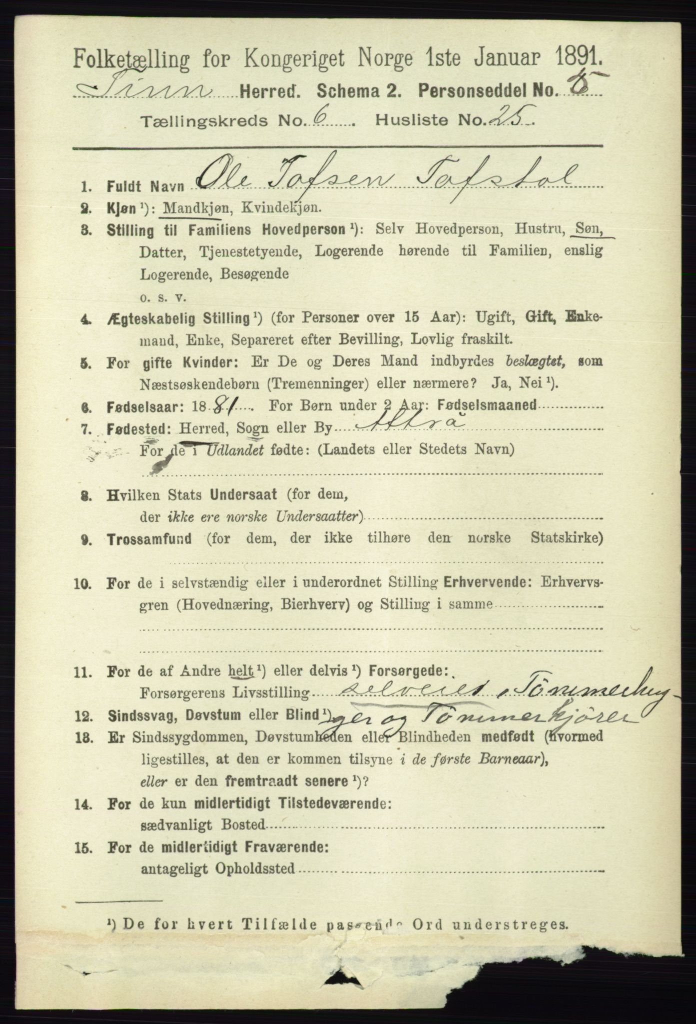 RA, 1891 census for 0826 Tinn, 1891, p. 1391