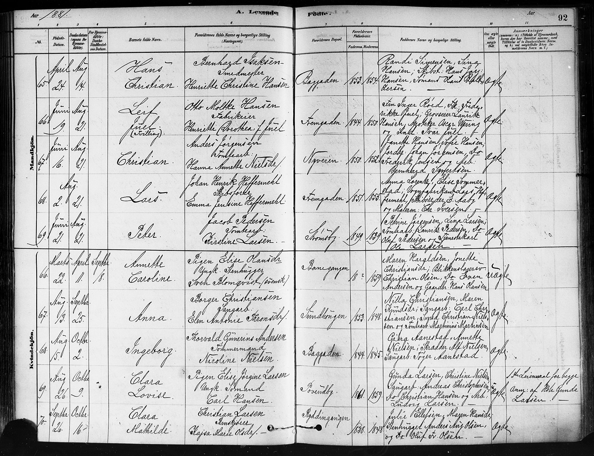 Strømsø kirkebøker, SAKO/A-246/F/Fa/L0021: Parish register (official) no. I 21, 1878-1885, p. 92