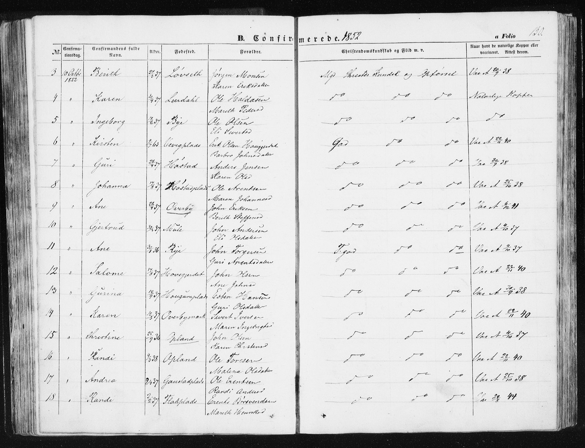 Ministerialprotokoller, klokkerbøker og fødselsregistre - Sør-Trøndelag, AV/SAT-A-1456/612/L0376: Parish register (official) no. 612A08, 1846-1859, p. 130