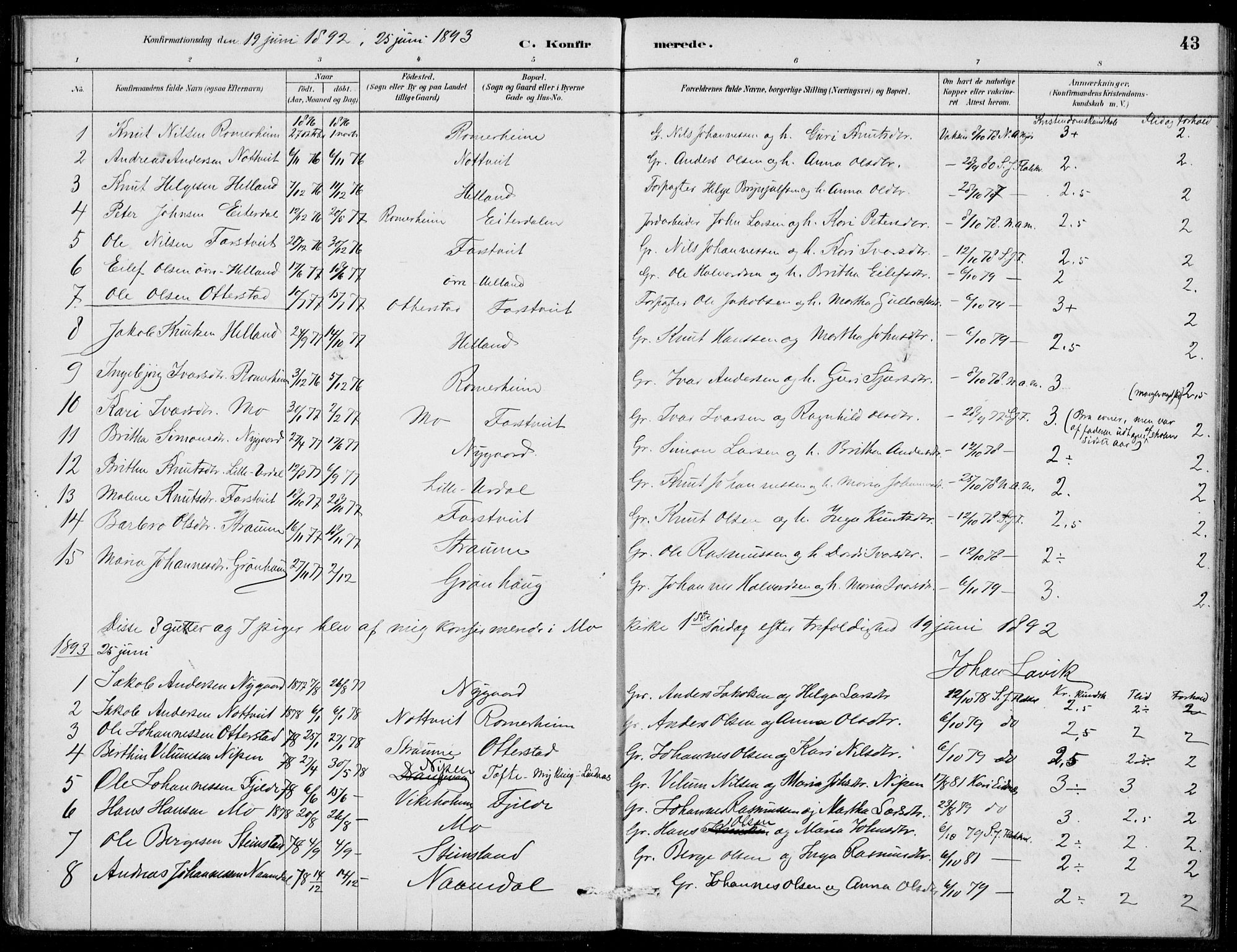 Hosanger sokneprestembete, SAB/A-75801/H/Haa: Parish register (official) no. C  1, 1880-1900, p. 43