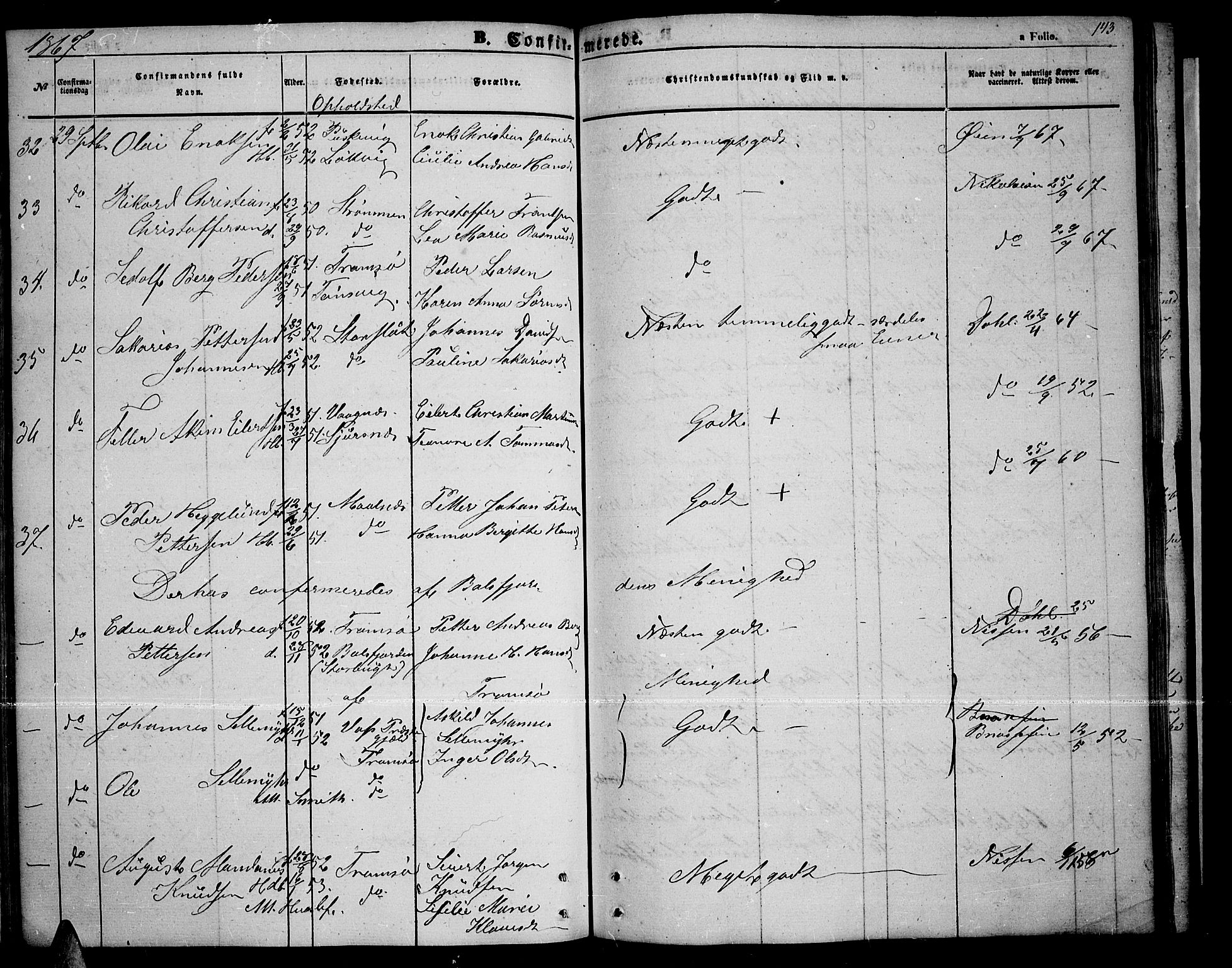 Tromsøysund sokneprestkontor, AV/SATØ-S-1304/G/Gb/L0001klokker: Parish register (copy) no. 1, 1857-1869, p. 143