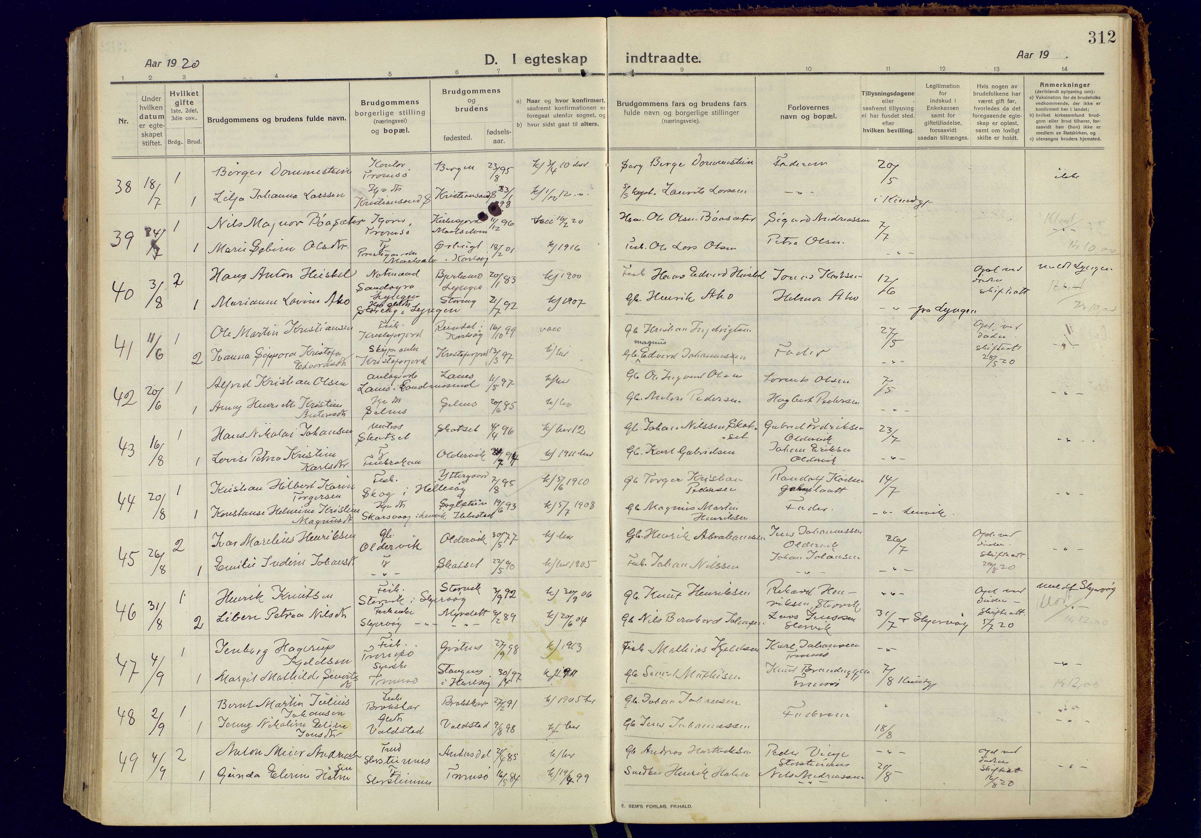 Tromsøysund sokneprestkontor, SATØ/S-1304/G/Ga/L0008kirke: Parish register (official) no. 8, 1914-1922, p. 312