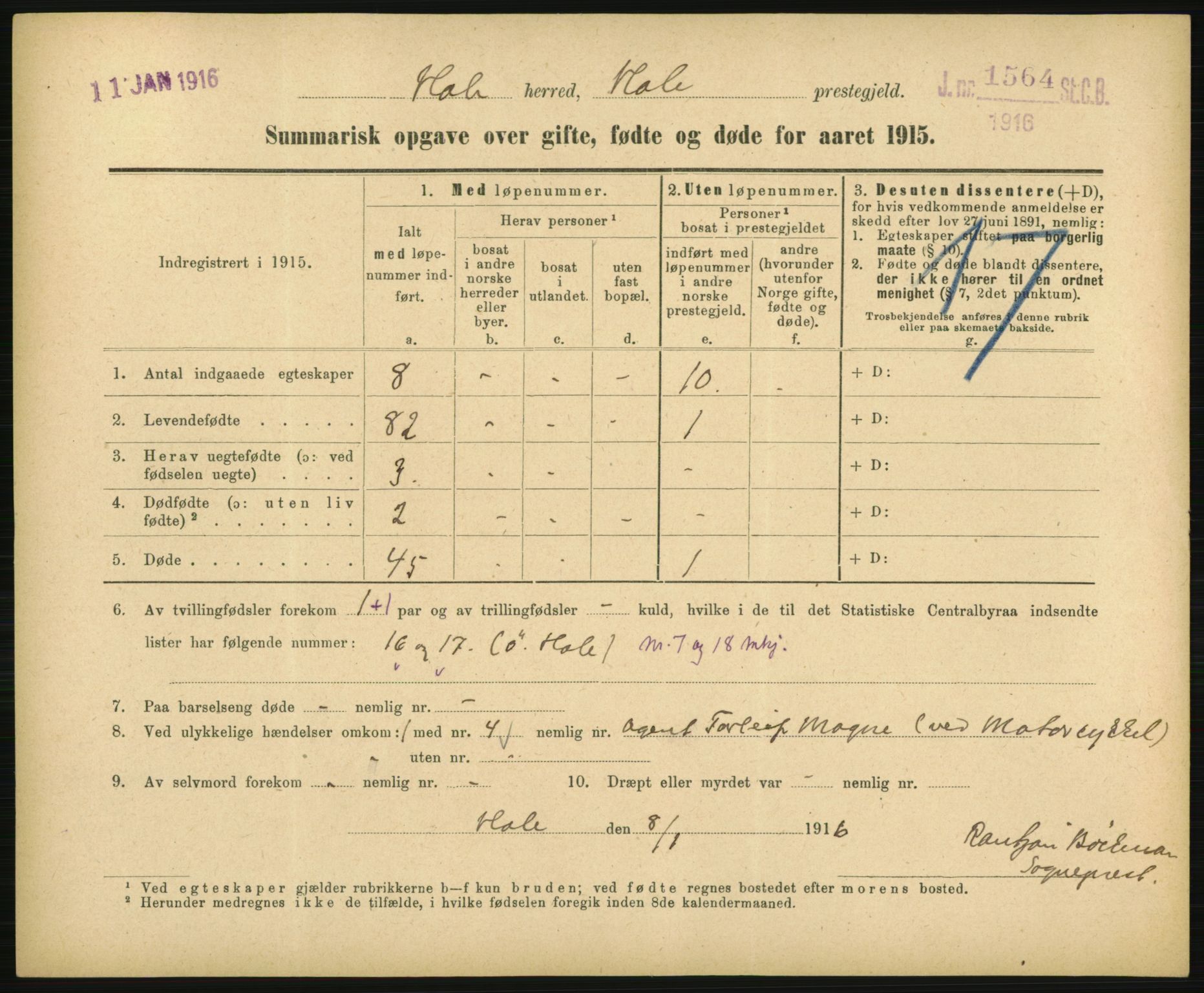 Statistisk sentralbyrå, Sosiodemografiske emner, Befolkning, RA/S-2228/D/Df/Dfb/Dfbe/L0055: Summariske oppgaver over gifte, fødte og døde for hele landet., 1915, p. 359