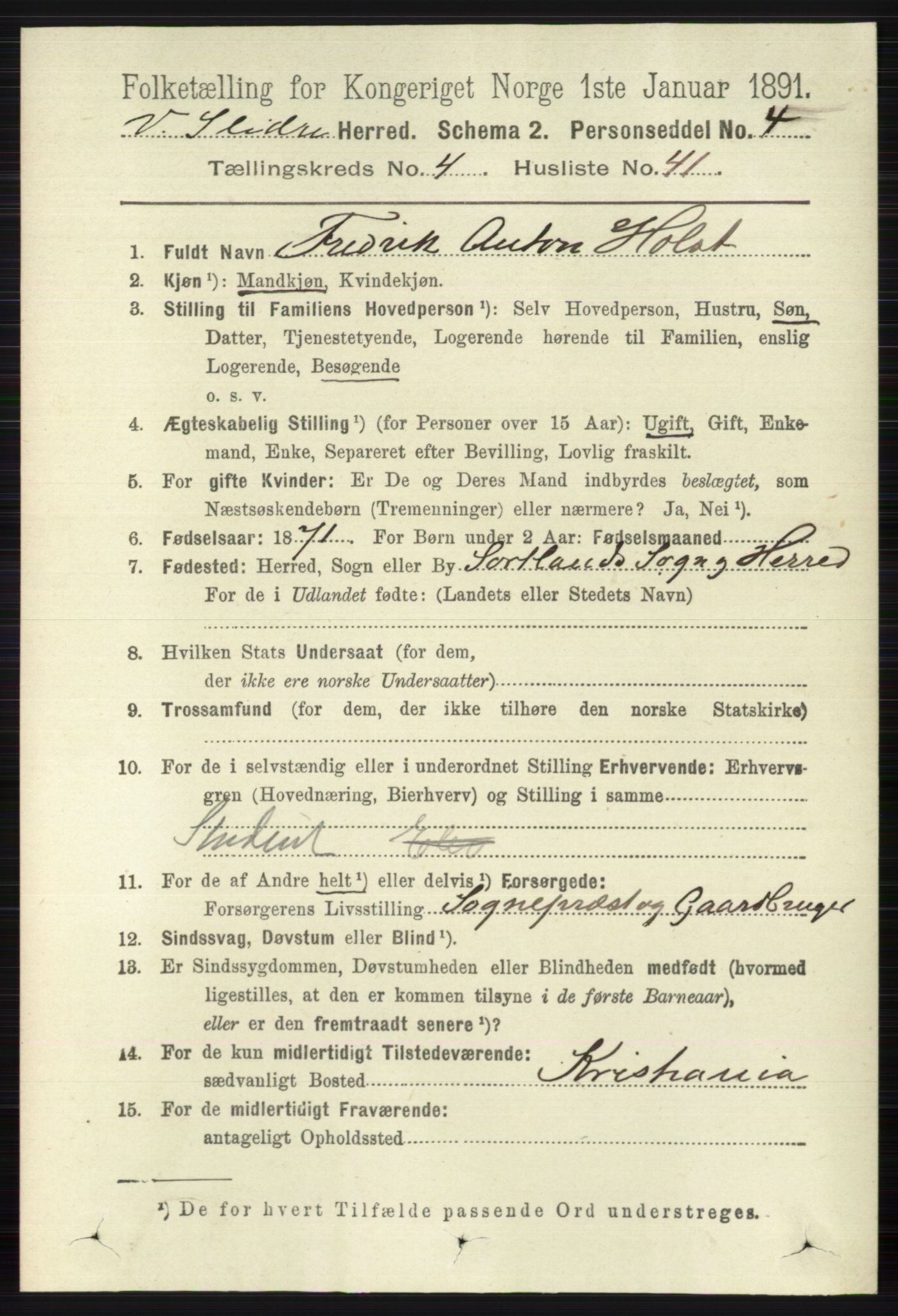 RA, 1891 census for 0543 Vestre Slidre, 1891, p. 1483