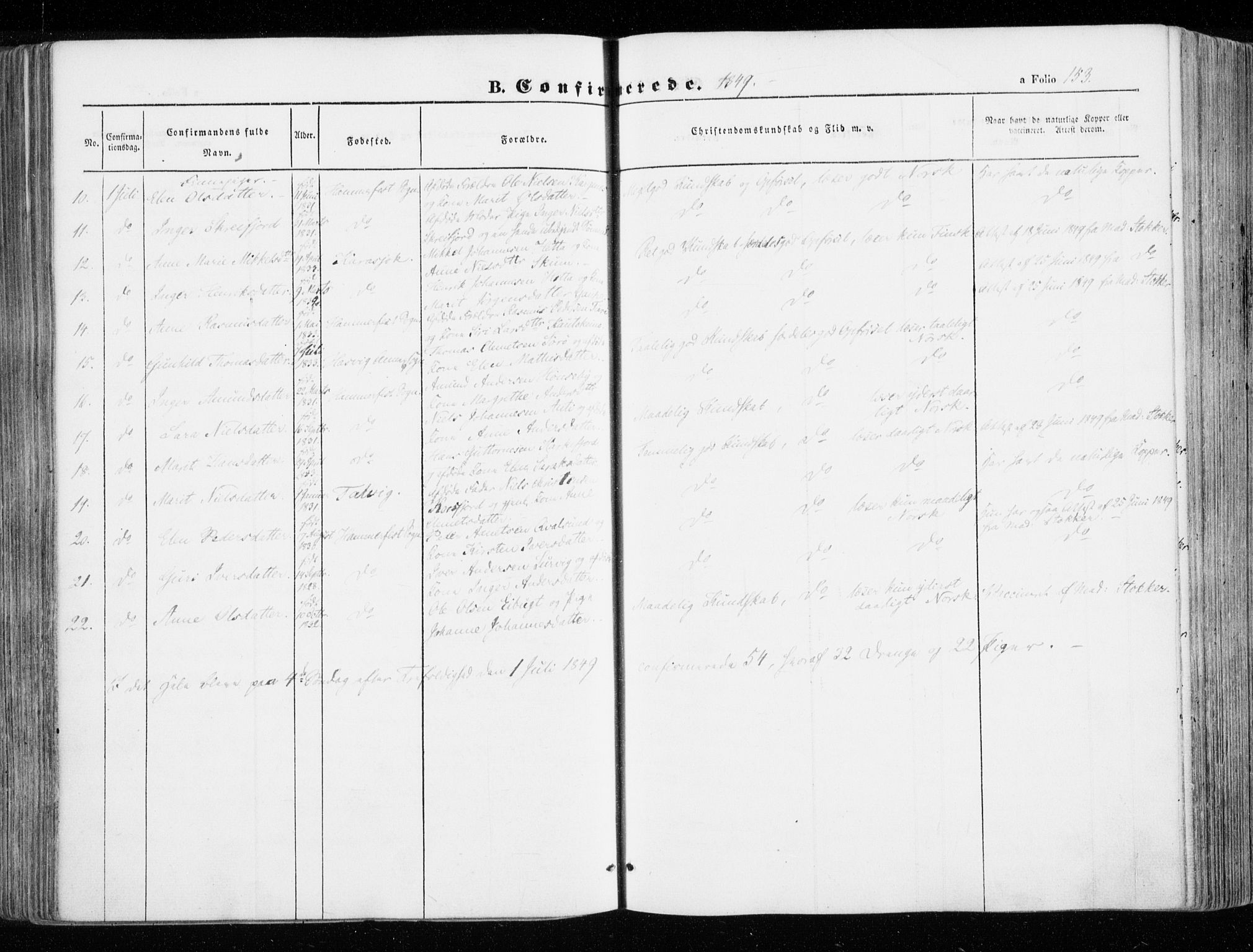 Hammerfest sokneprestkontor, AV/SATØ-S-1347/H/Ha/L0004.kirke: Parish register (official) no. 4, 1843-1856, p. 153