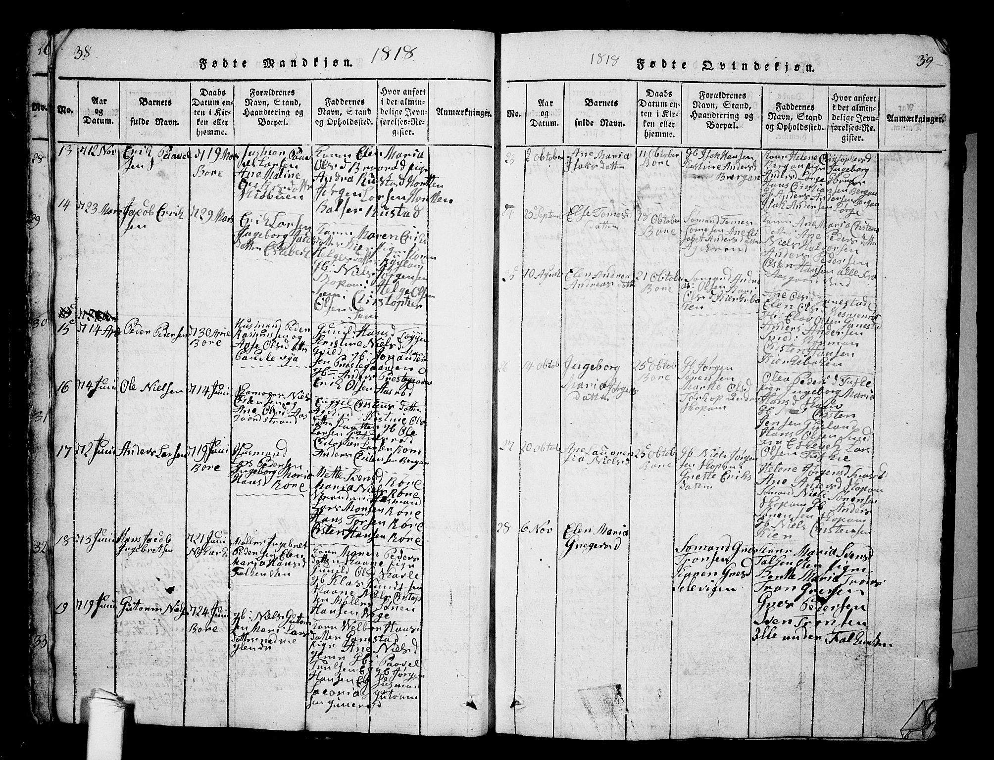 Borre kirkebøker, AV/SAKO-A-338/G/Ga/L0001: Parish register (copy) no. I 1, 1815-1851, p. 38-39