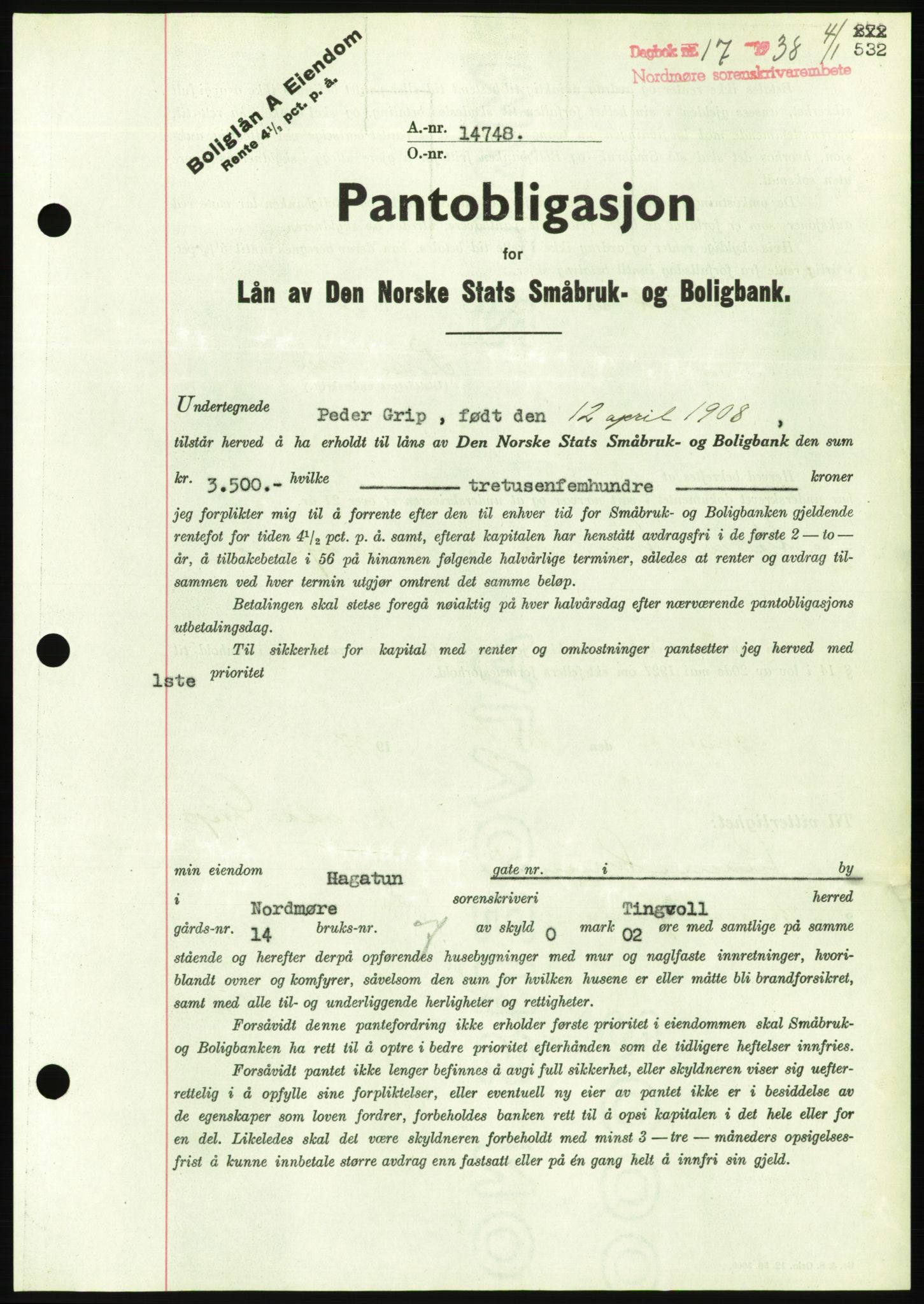 Nordmøre sorenskriveri, AV/SAT-A-4132/1/2/2Ca/L0092: Mortgage book no. B82, 1937-1938, Diary no: : 17/1938