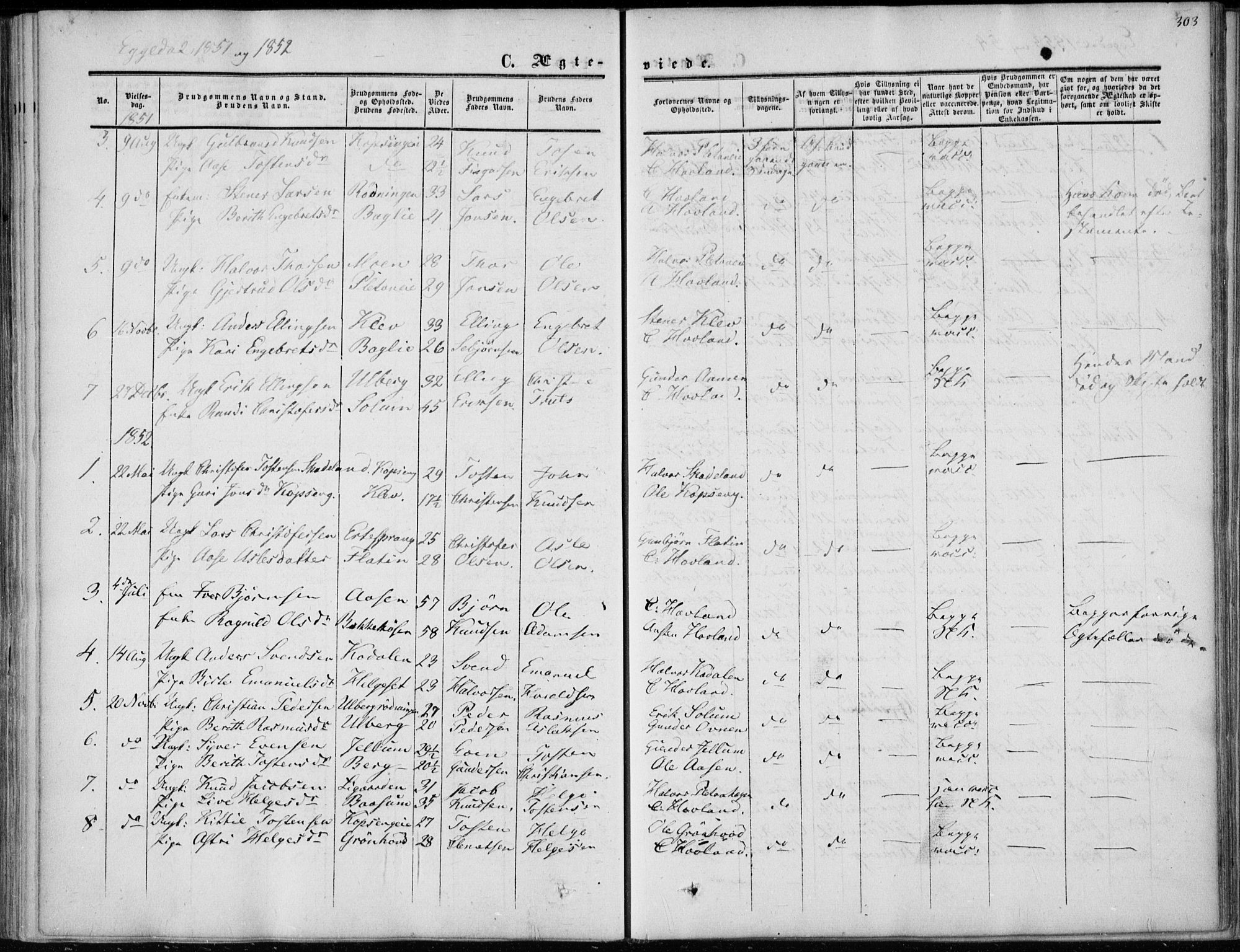 Sigdal kirkebøker, AV/SAKO-A-245/F/Fa/L0008: Parish register (official) no. I 8, 1850-1859, p. 303