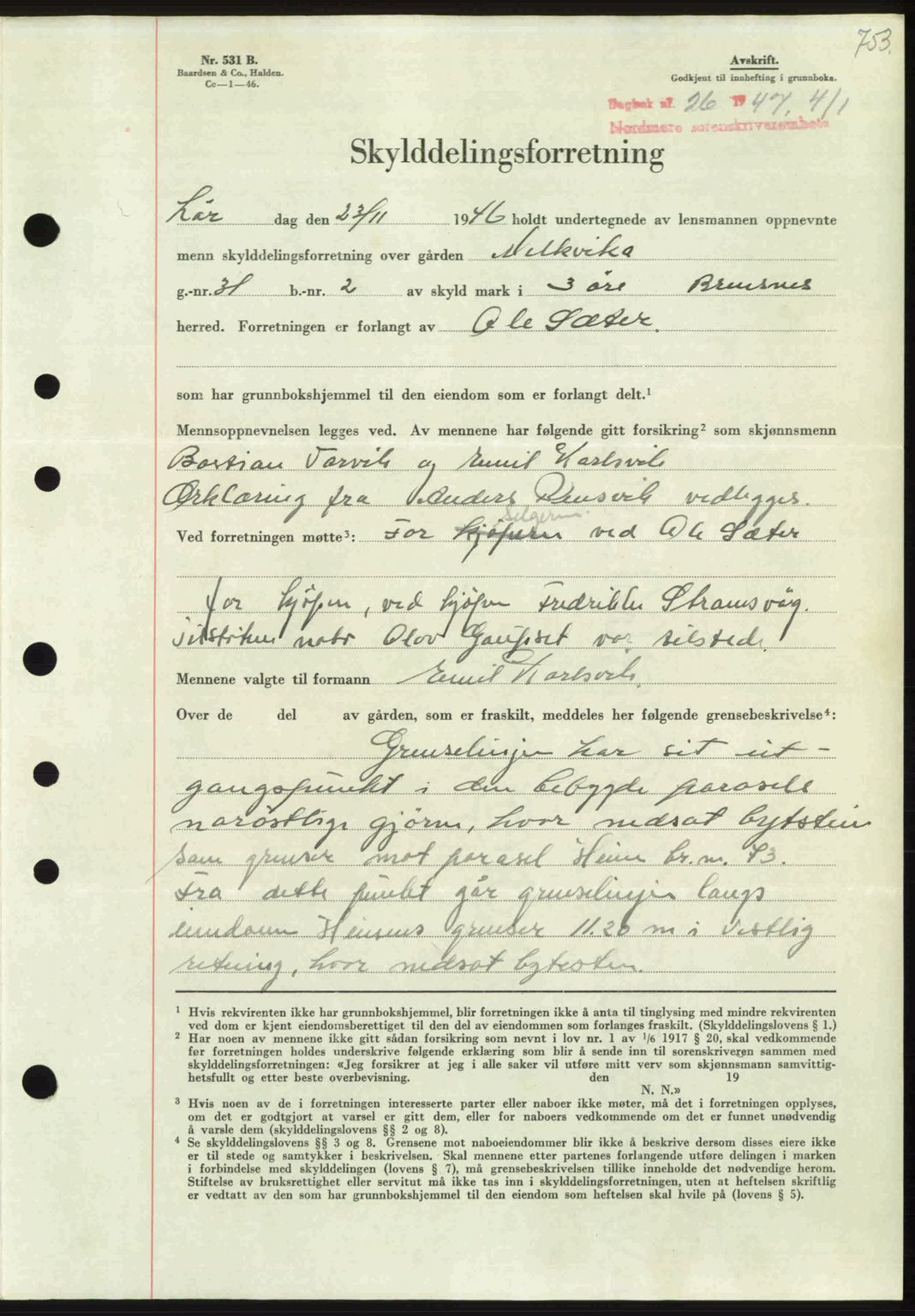 Nordmøre sorenskriveri, AV/SAT-A-4132/1/2/2Ca: Mortgage book no. A103, 1946-1947, Diary no: : 26/1947