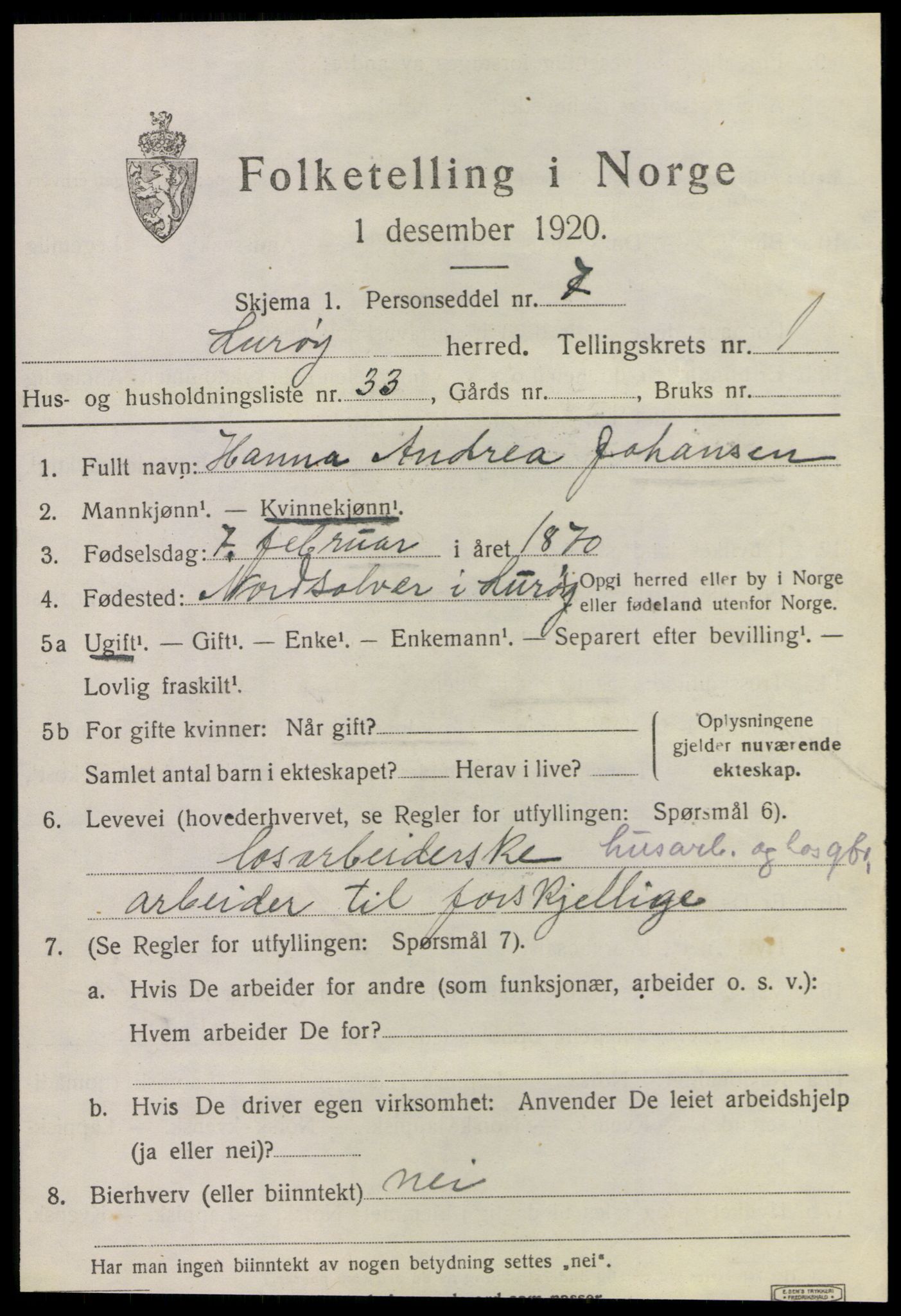 SAT, 1920 census for Lurøy, 1920, p. 1339