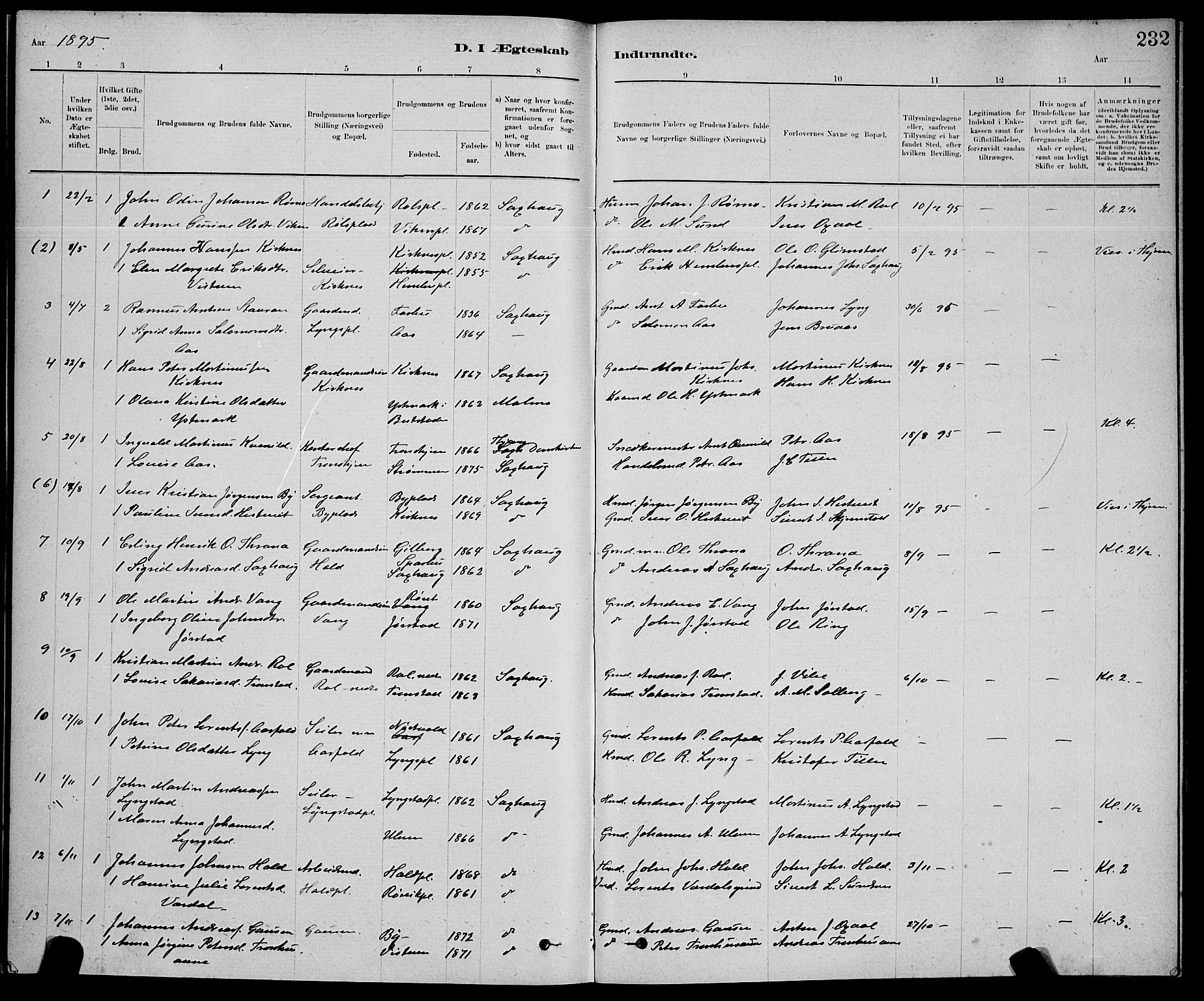 Ministerialprotokoller, klokkerbøker og fødselsregistre - Nord-Trøndelag, SAT/A-1458/730/L0301: Parish register (copy) no. 730C04, 1880-1897, p. 232