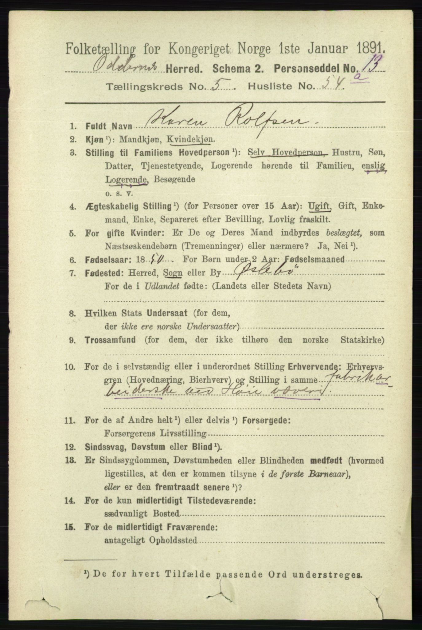 RA, 1891 census for 1012 Oddernes, 1891, p. 2146