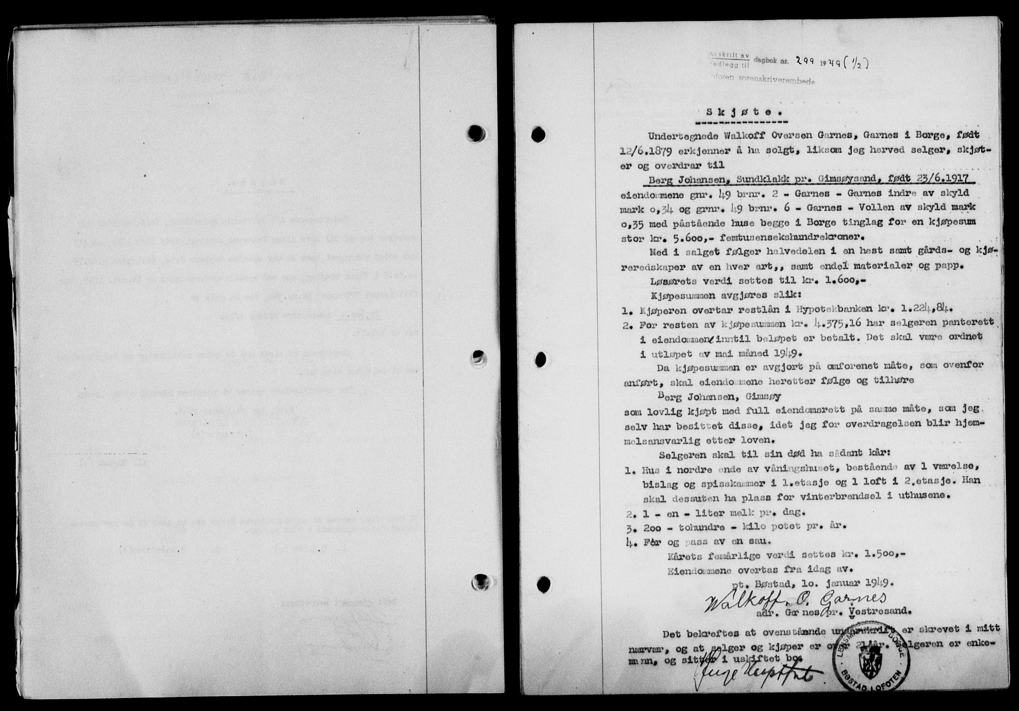 Lofoten sorenskriveri, SAT/A-0017/1/2/2C/L0020a: Mortgage book no. 20a, 1948-1949, Diary no: : 299/1949