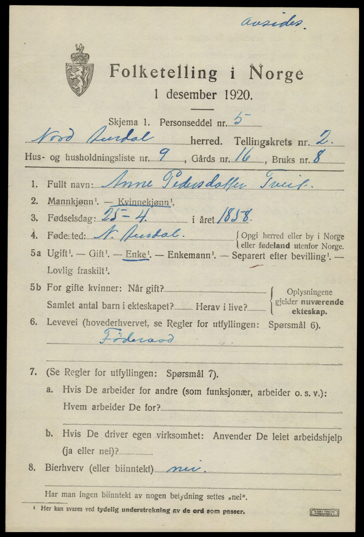 SAH, 1920 census for Nord-Aurdal, 1920, p. 3198