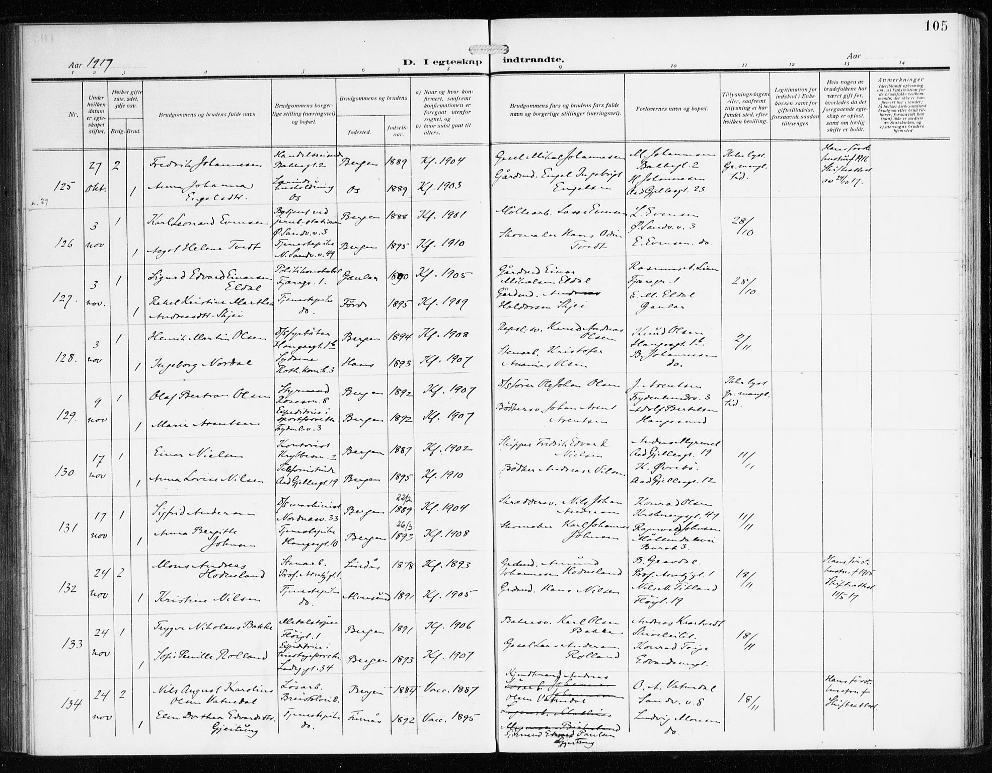 Sandviken Sokneprestembete, AV/SAB-A-77601/H/Ha/L0015: Parish register (official) no. D 2, 1911-1923, p. 105