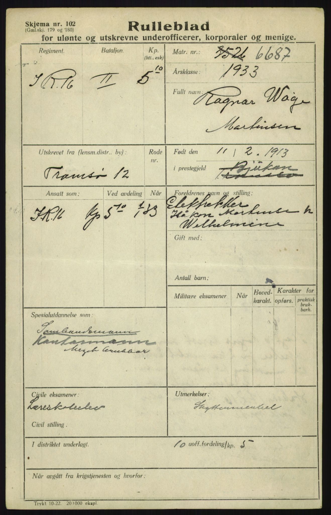 Forsvaret, Troms infanteriregiment nr. 16, AV/RA-RAFA-3146/P/Pa/L0017: Rulleblad for regimentets menige mannskaper, årsklasse 1933, 1933, p. 799